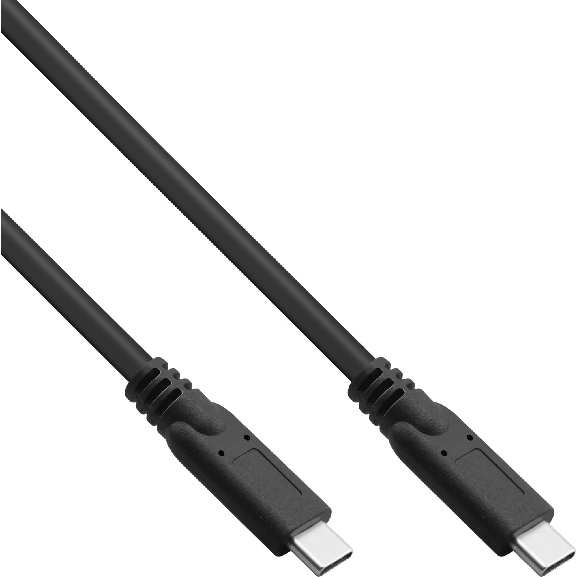 Zwarte USB-C-kabel met connectoren aan beide uiteinden. Witte achtergrond.