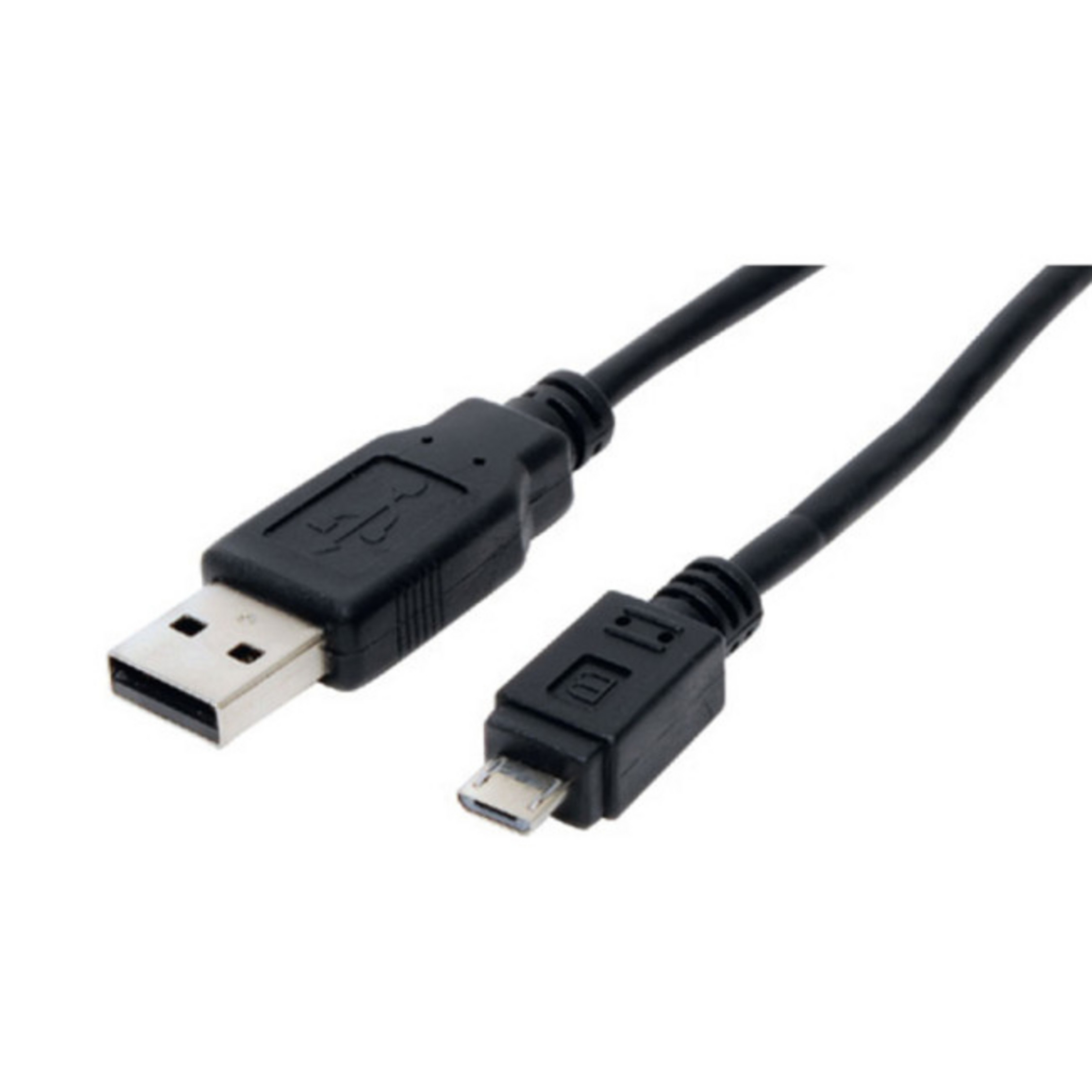 Cavo da USB a Micro USB nero, sfondo bianco.