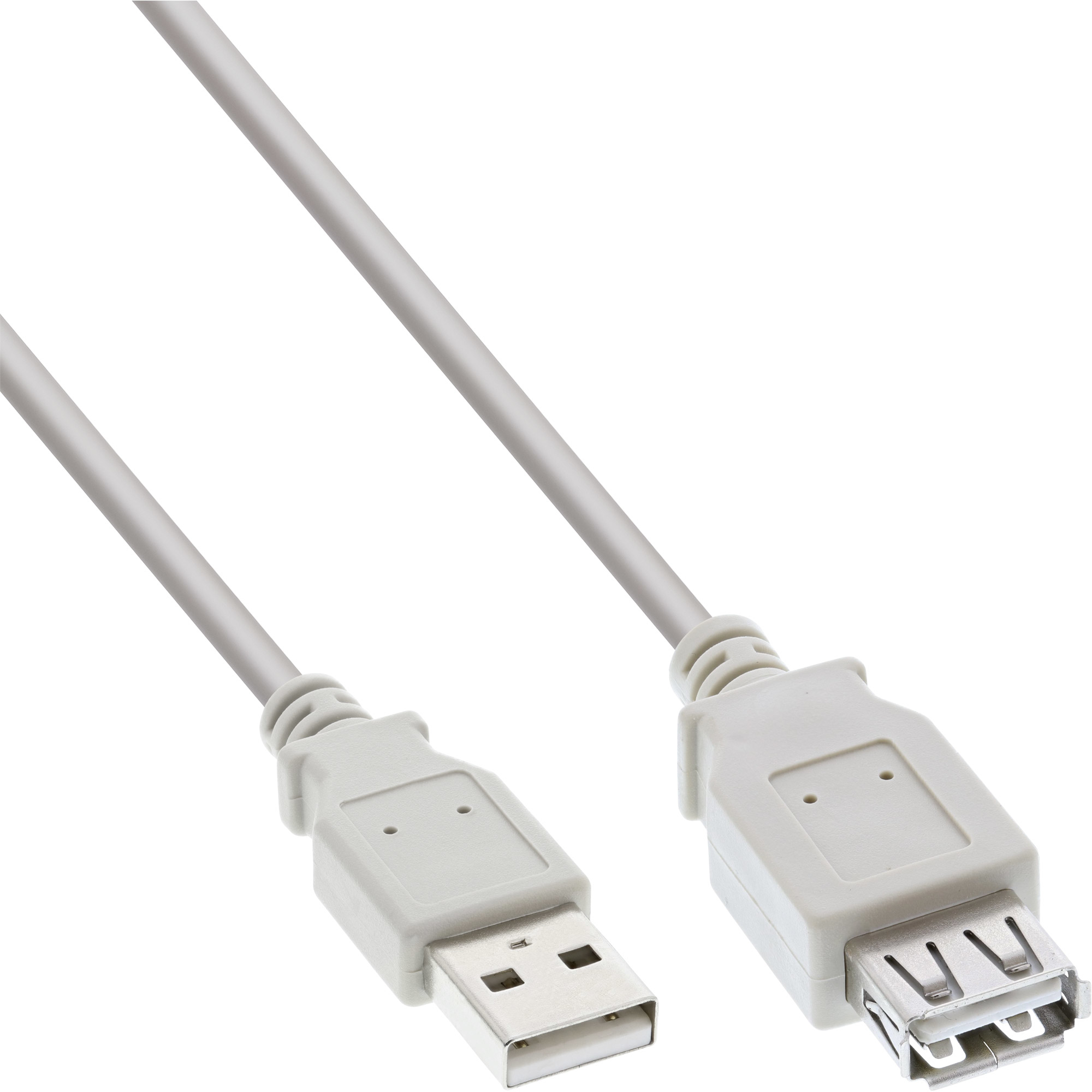 USB-Kabel mit zwei grauen Steckern, abgewinkelt vor weißem Hintergrund.