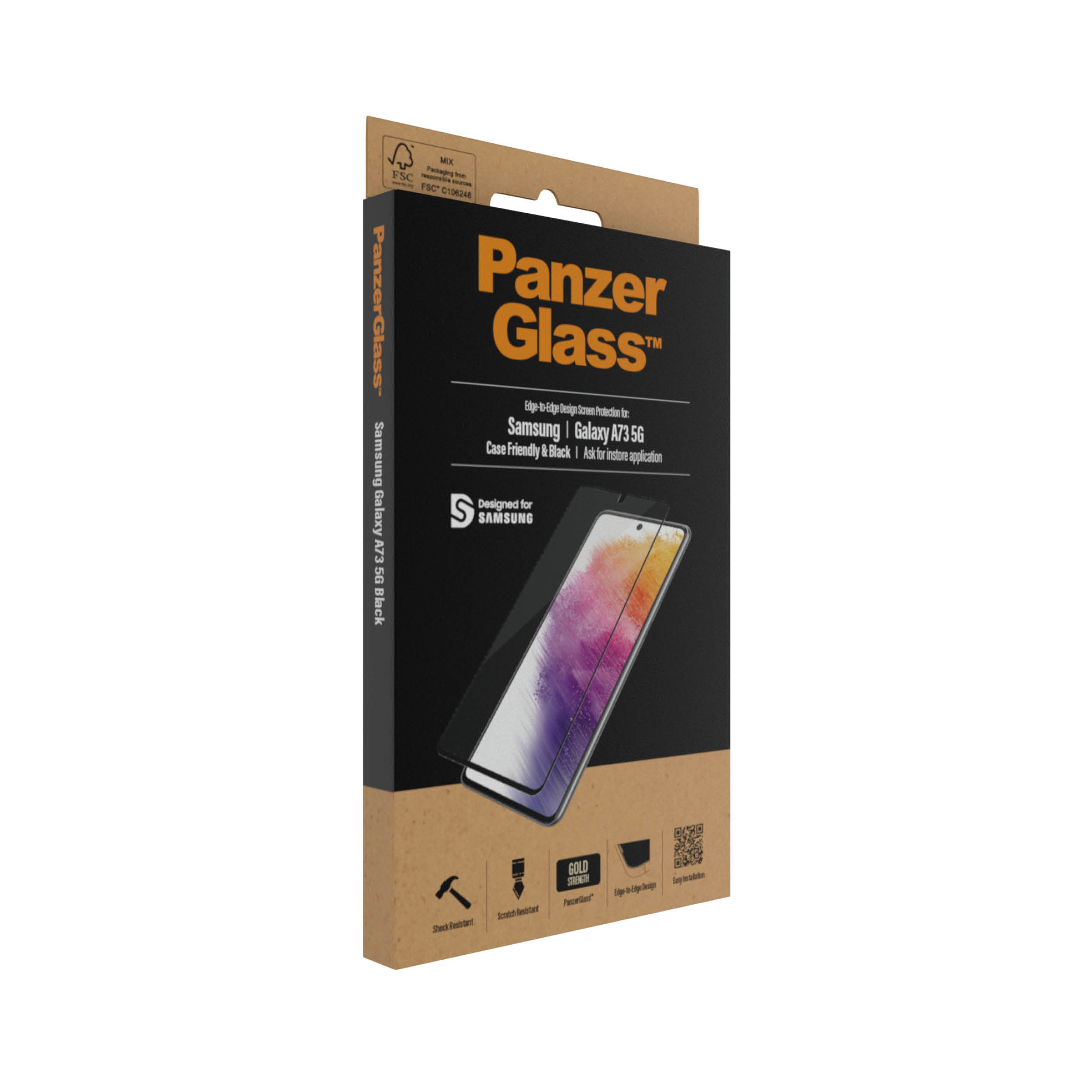 Una scatola di protezione schermo per telefono. La scatola ha il logo PanzerGlass e un'immagine della protezione.