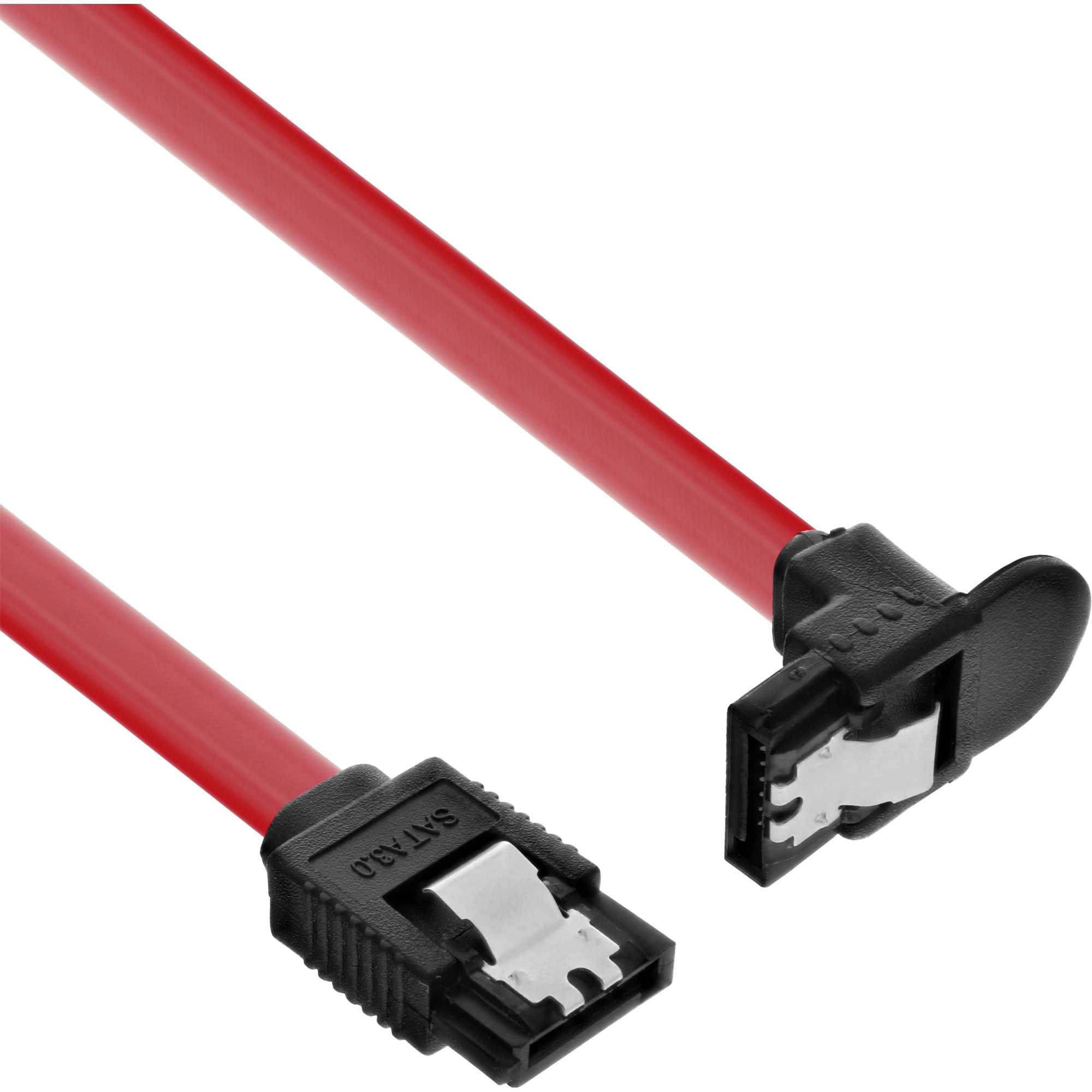 Cavo SATA rosso con connettori neri. Connettori angolati ad entrambe le estremità. Sfondo bianco.