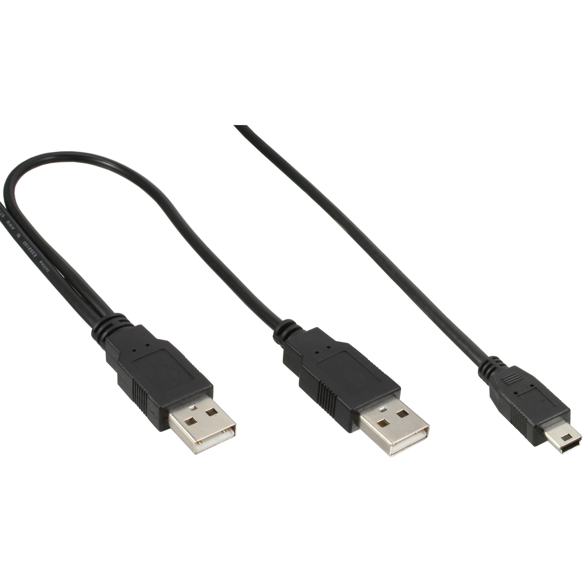 Schwarze USB-Kabel. Ein Ende hat zwei USB-A-Anschlüsse, das andere einen USB-A- und einen Micro-USB. Weißer HG.