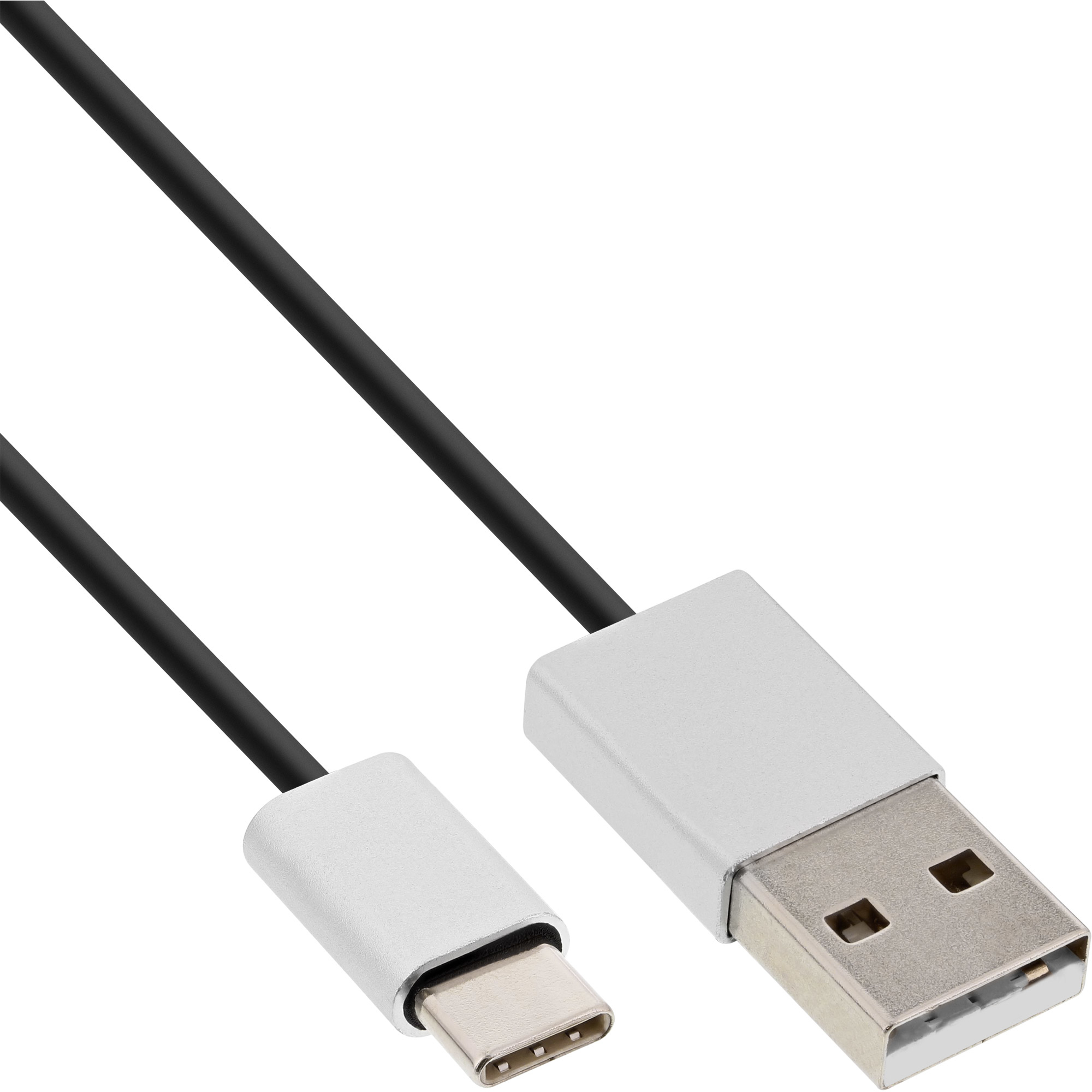 Czarny kabel USB-C do USB-A ze srebrnymi złączami, na białym tle.