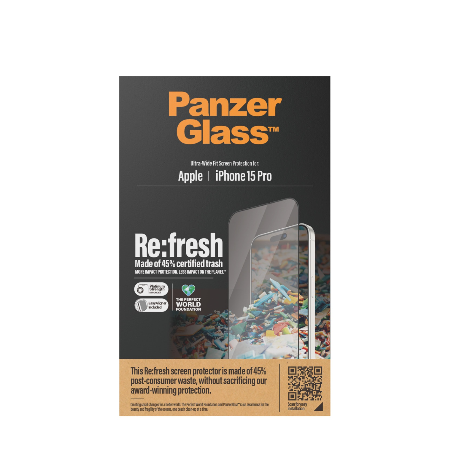 Opakowanie folii ochronnej na ekran z tekstem: PanzerGlass, Re:fresh.