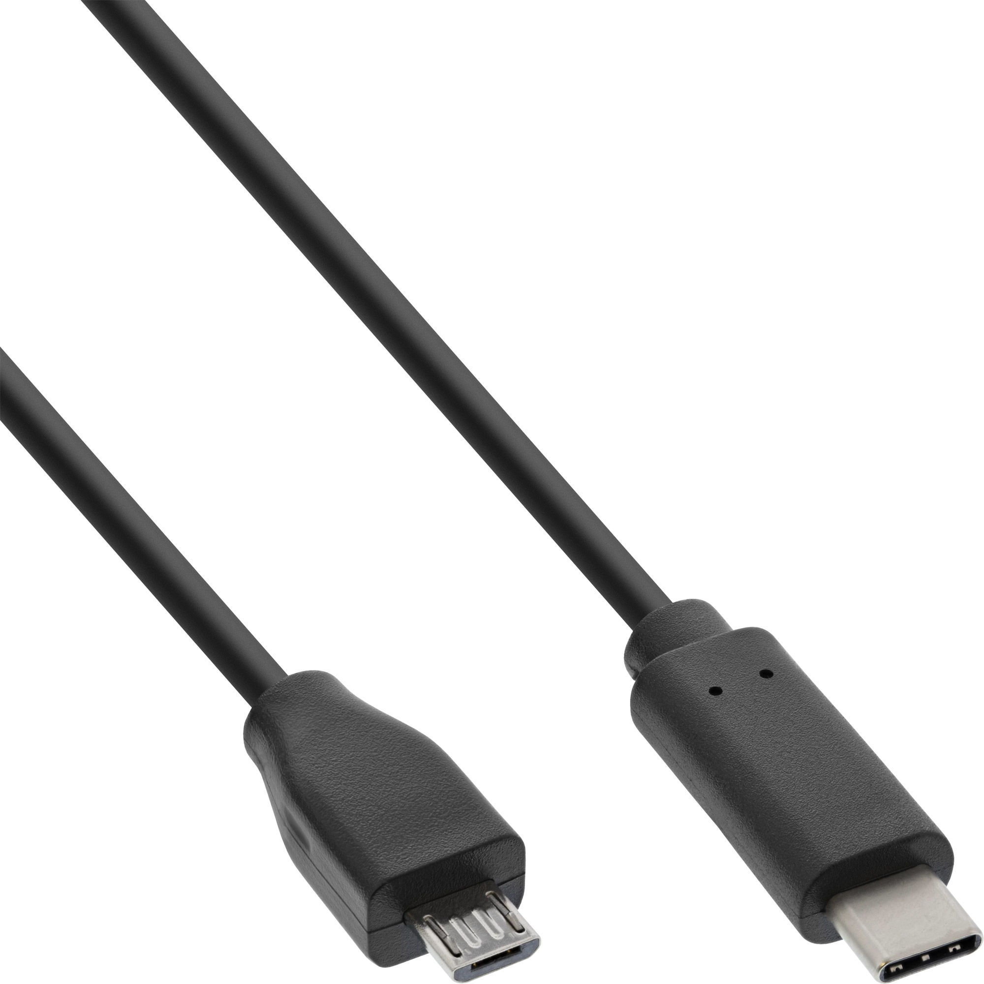 Zwarte USB naar micro-USB-kabel. Eén uiteinde is micro-USB, de andere is USB-C.