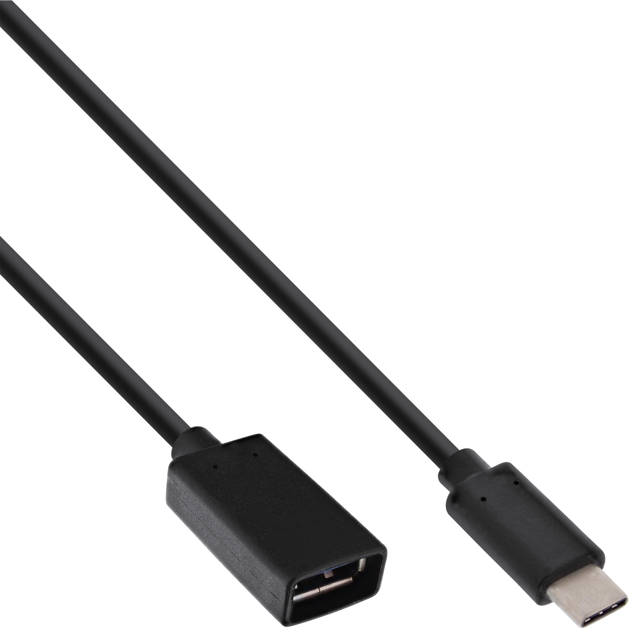 Câble USB-C vers USB noir. Câble noir avec connecteur USB-C à droite et USB-A à gauche.