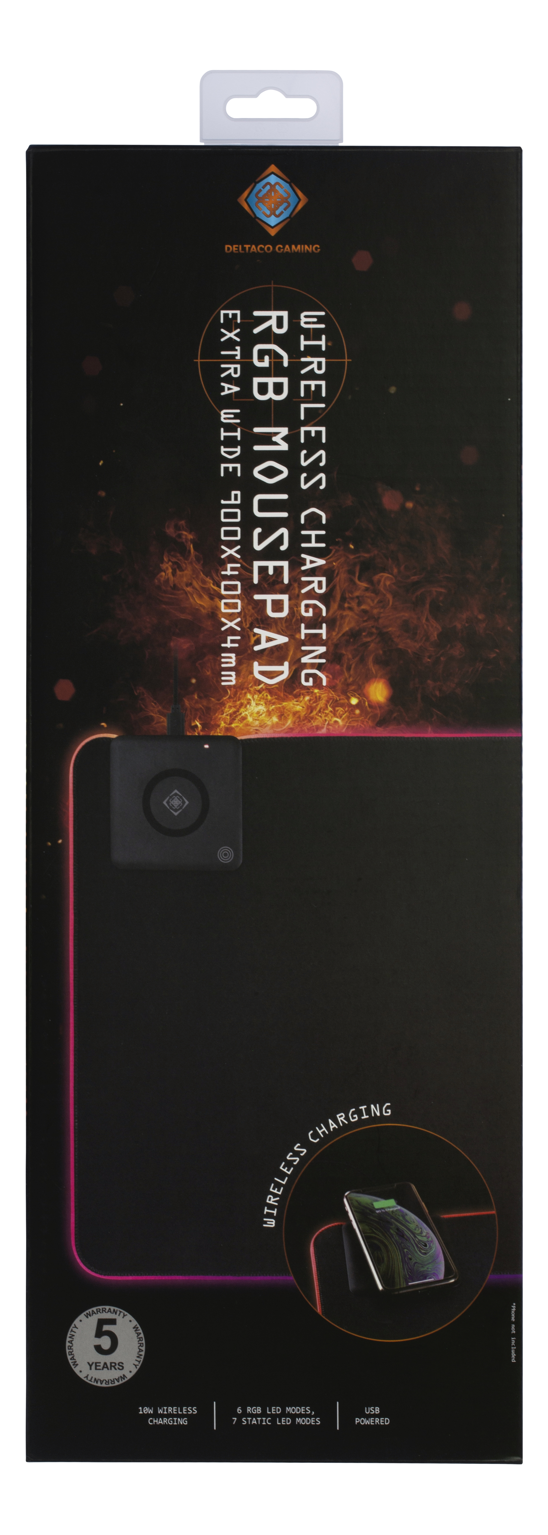 Opakowanie podkładki pod mysz z czarną podkładką i stacją ładującą.