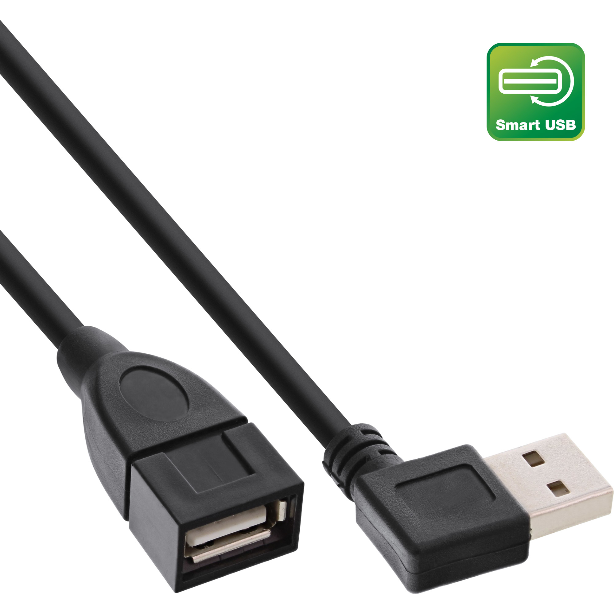 Câble USB noir avec connecteur coudé. Logo Smart USB visible.