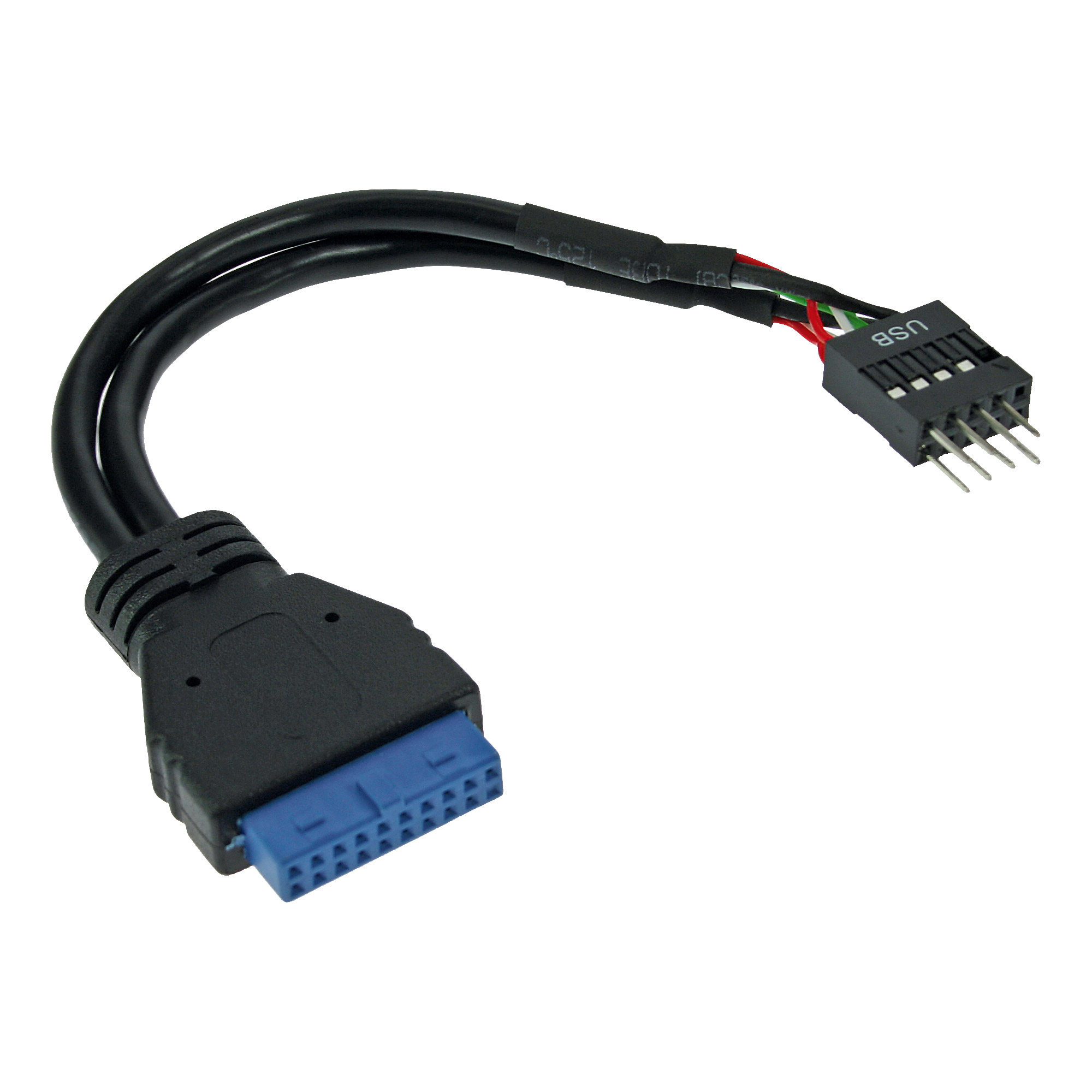 Cavo USB nero con connettore blu. Sfondo bianco.