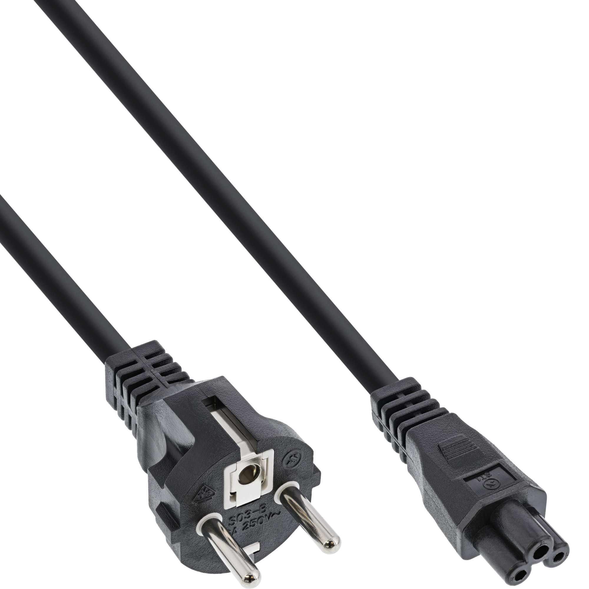 Schwarzes Stromkabel mit Eurostecker und einem Computer-Stromanschluss an jedem Ende.