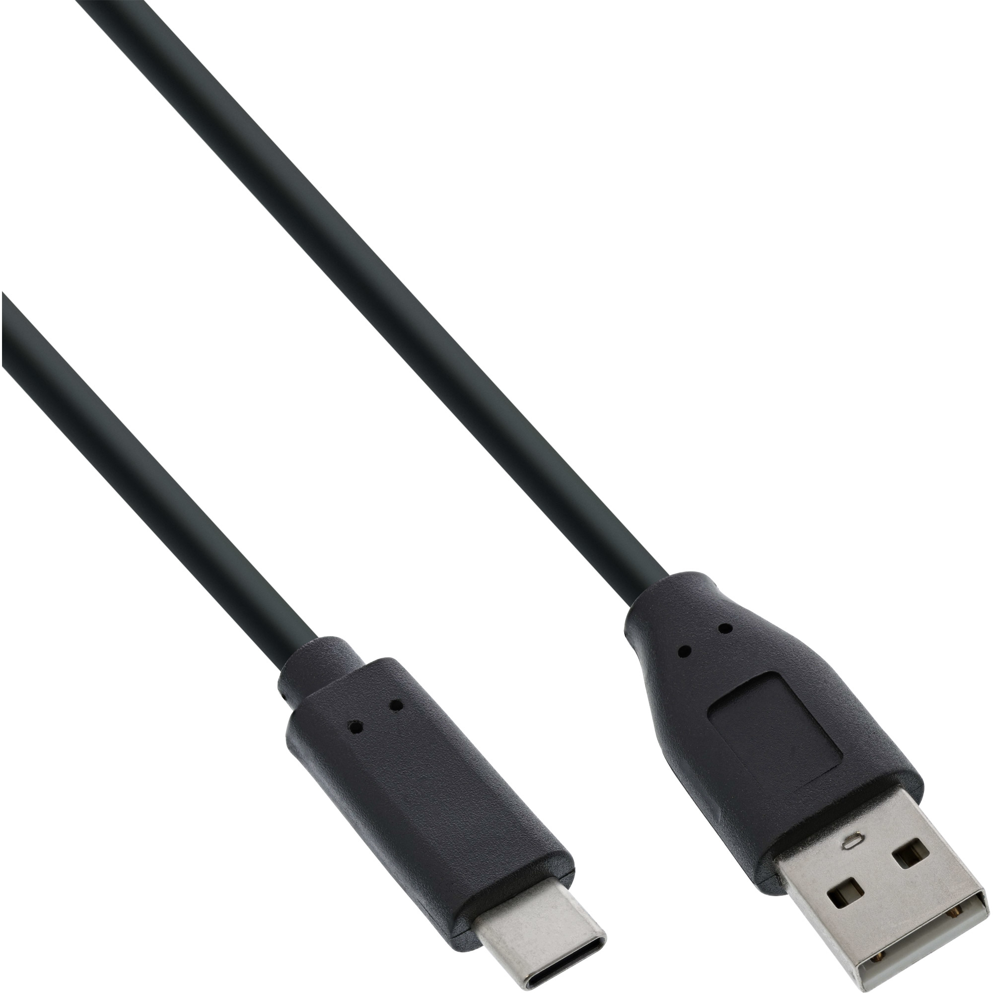 Un câble USB-C vers USB-A noir sur fond blanc. Une extrémité de type C et une extrémité USB.