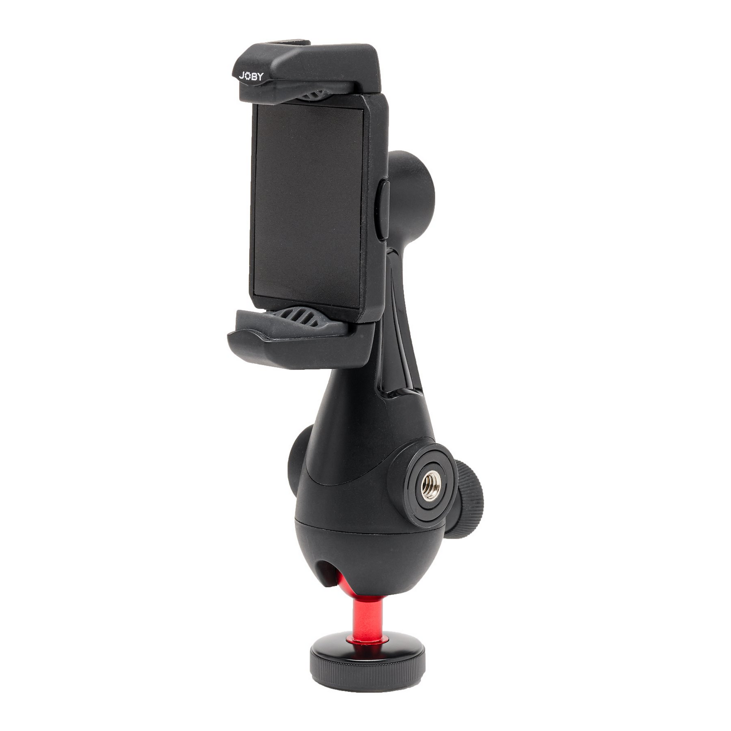 Schwarzer Joby-Telefonhalter mit schwarzem Telefon, auf weißem Hintergrund montiert.