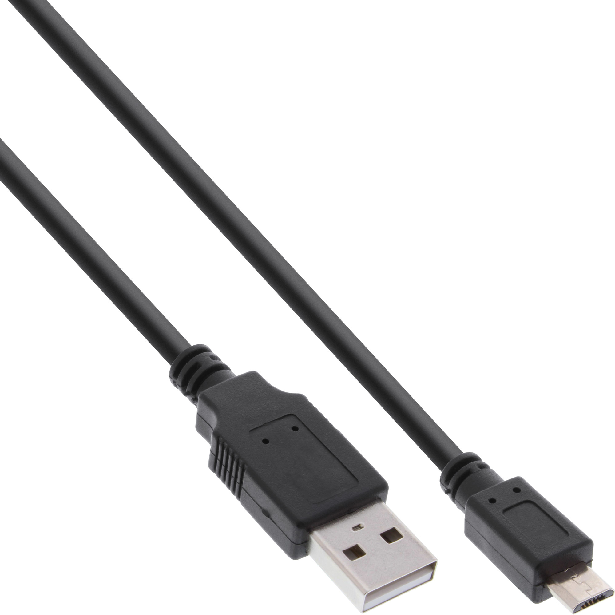 Un câble USB vers Micro USB noir sur fond blanc. Extrémités USB et Micro USB.