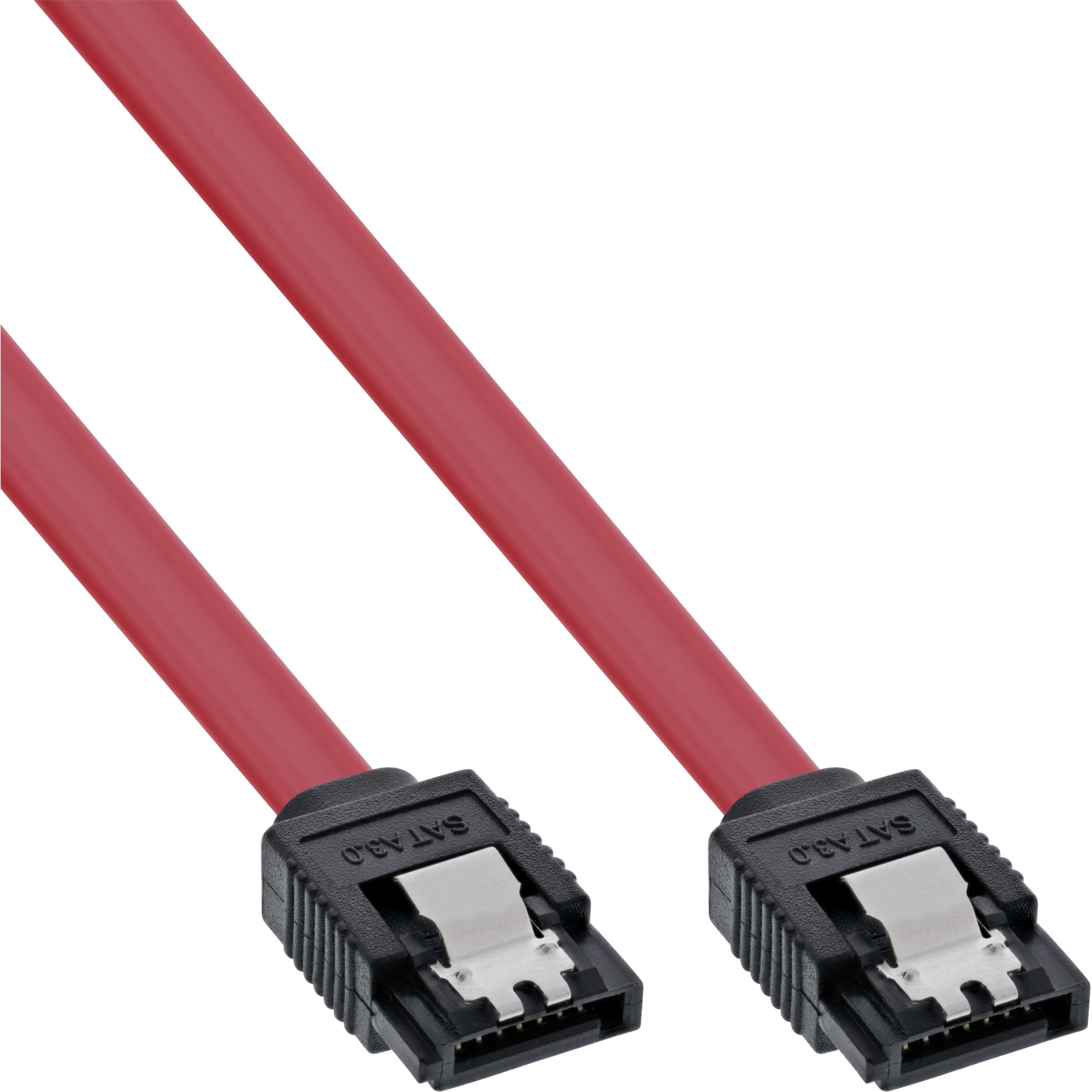 Cavo SATA rosso con connettori neri. I connettori hanno fermagli metallici.