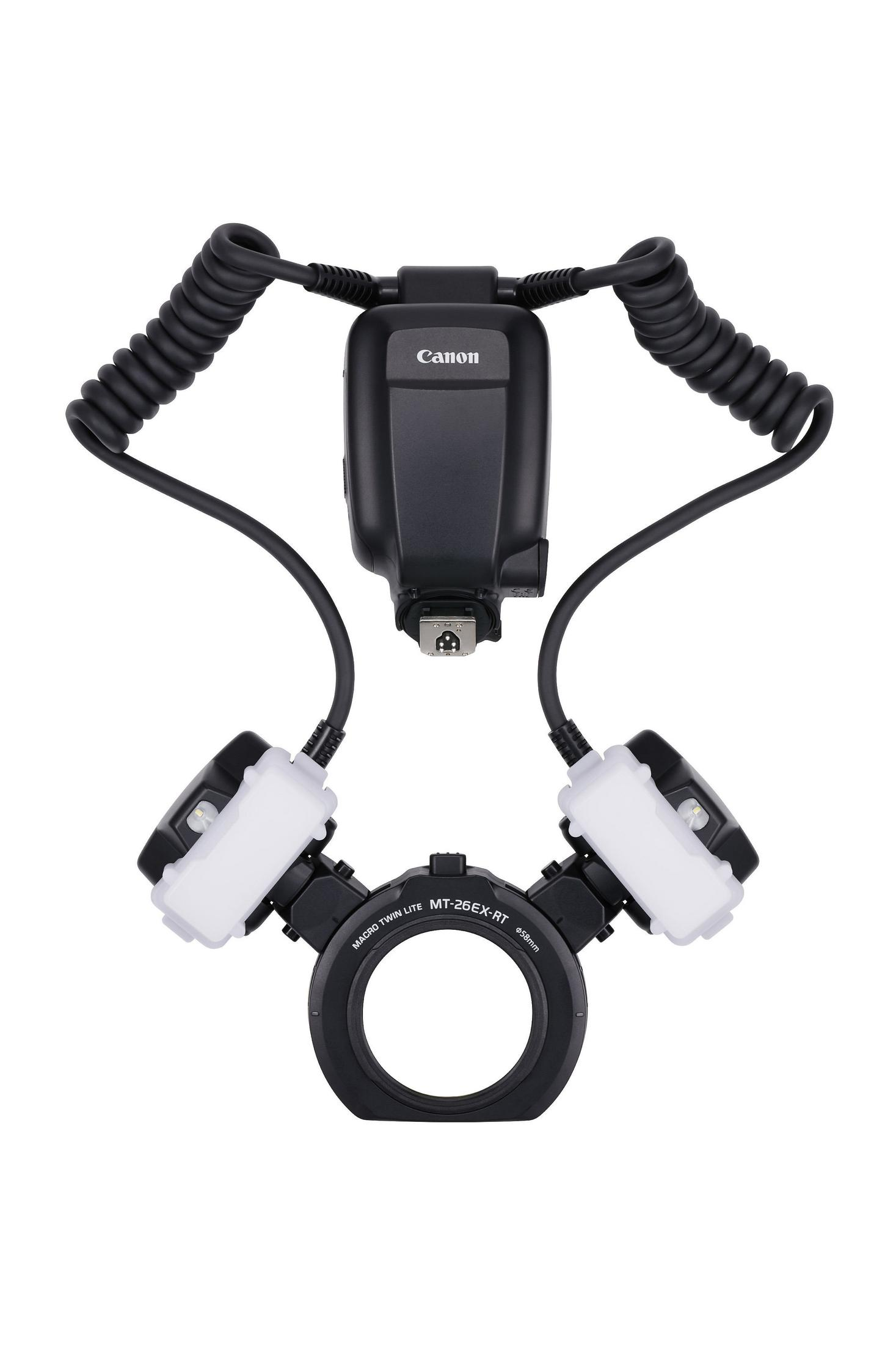 Un flash macro twin lite Canon, avec deux têtes d'éclairage et une unité de contrôle centrale, sur fond blanc.