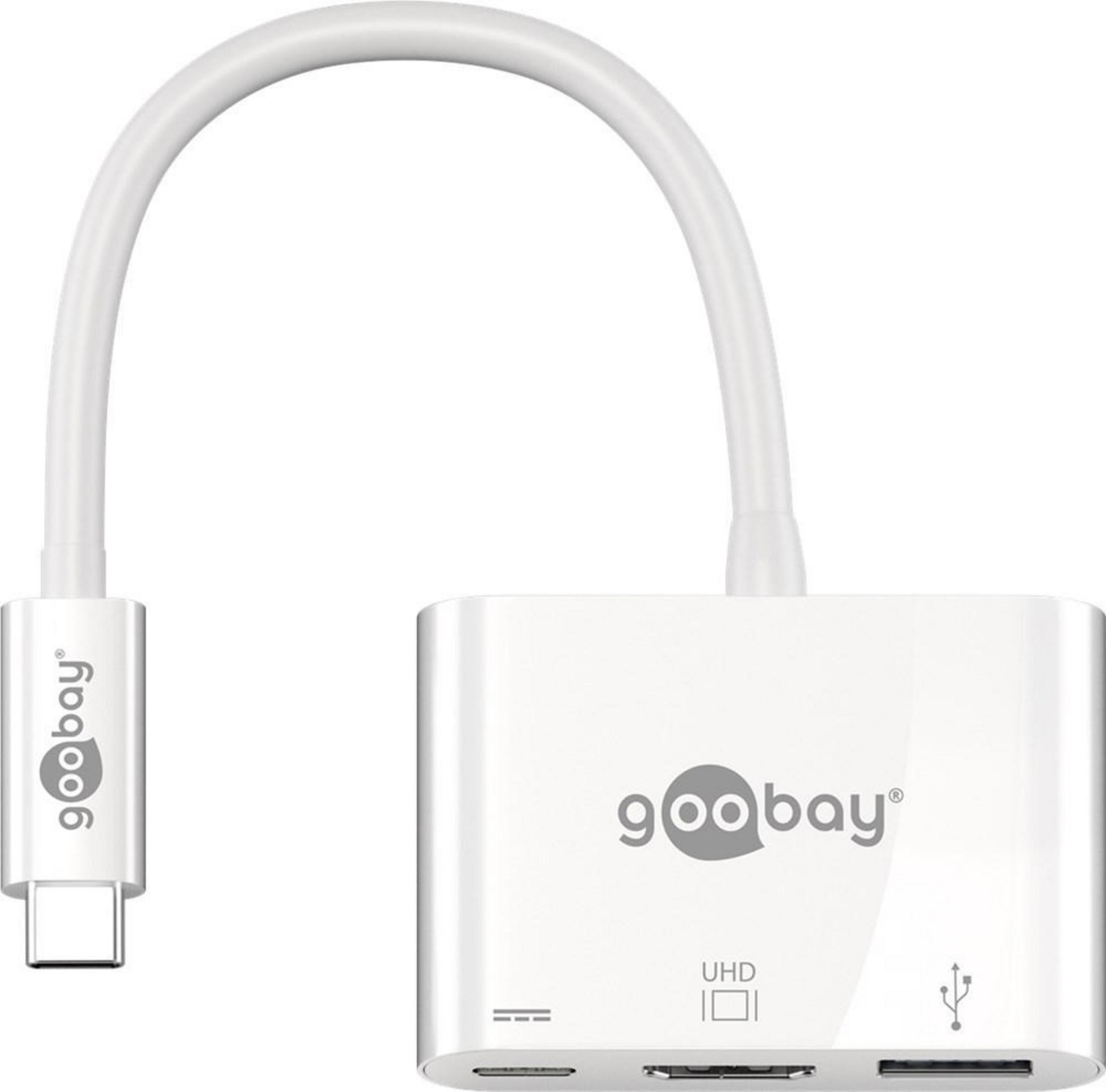 Ein weißes USB-C-Adapterkabel mit dem goobay-Logo.