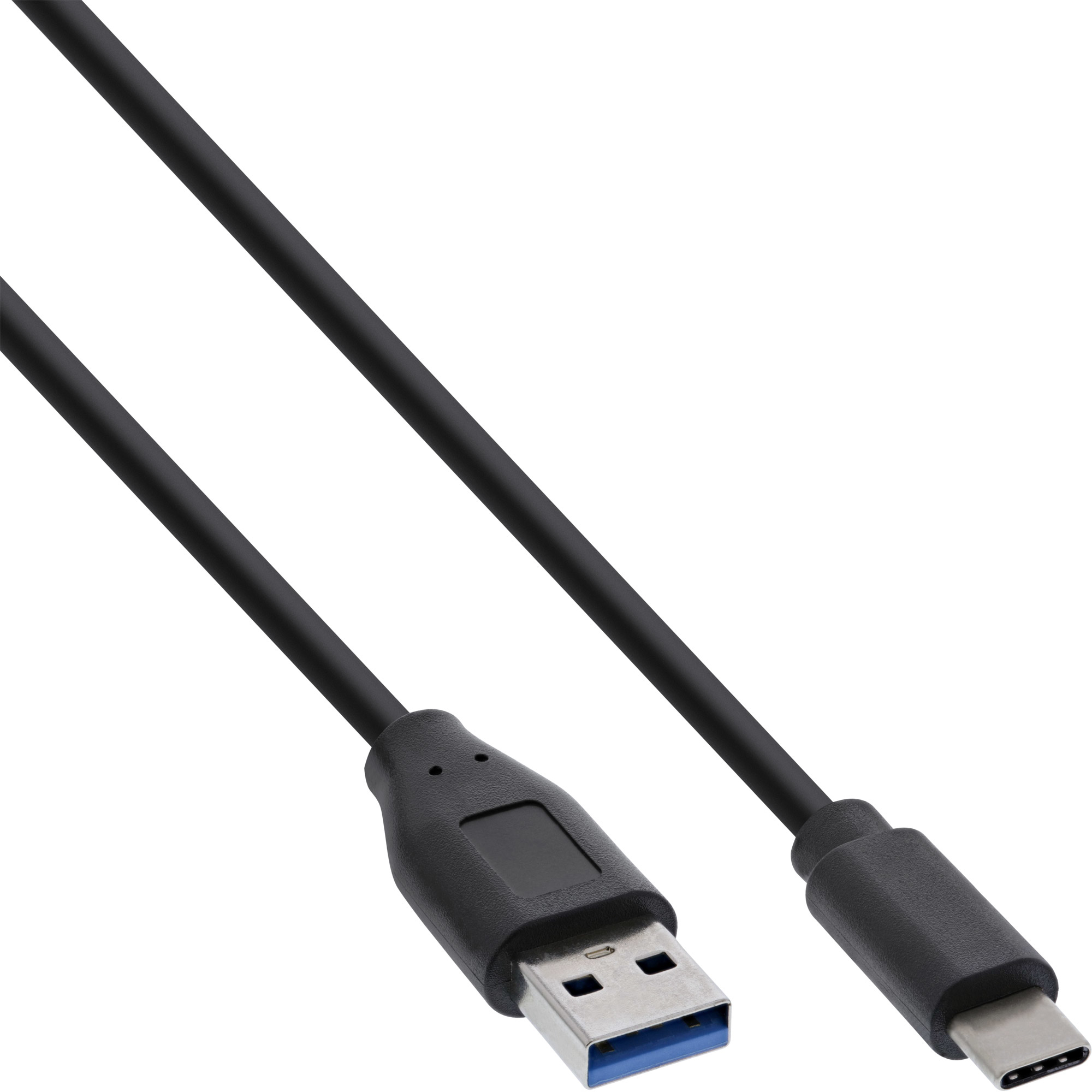 Câble USB vers USB-C noir sur fond blanc.