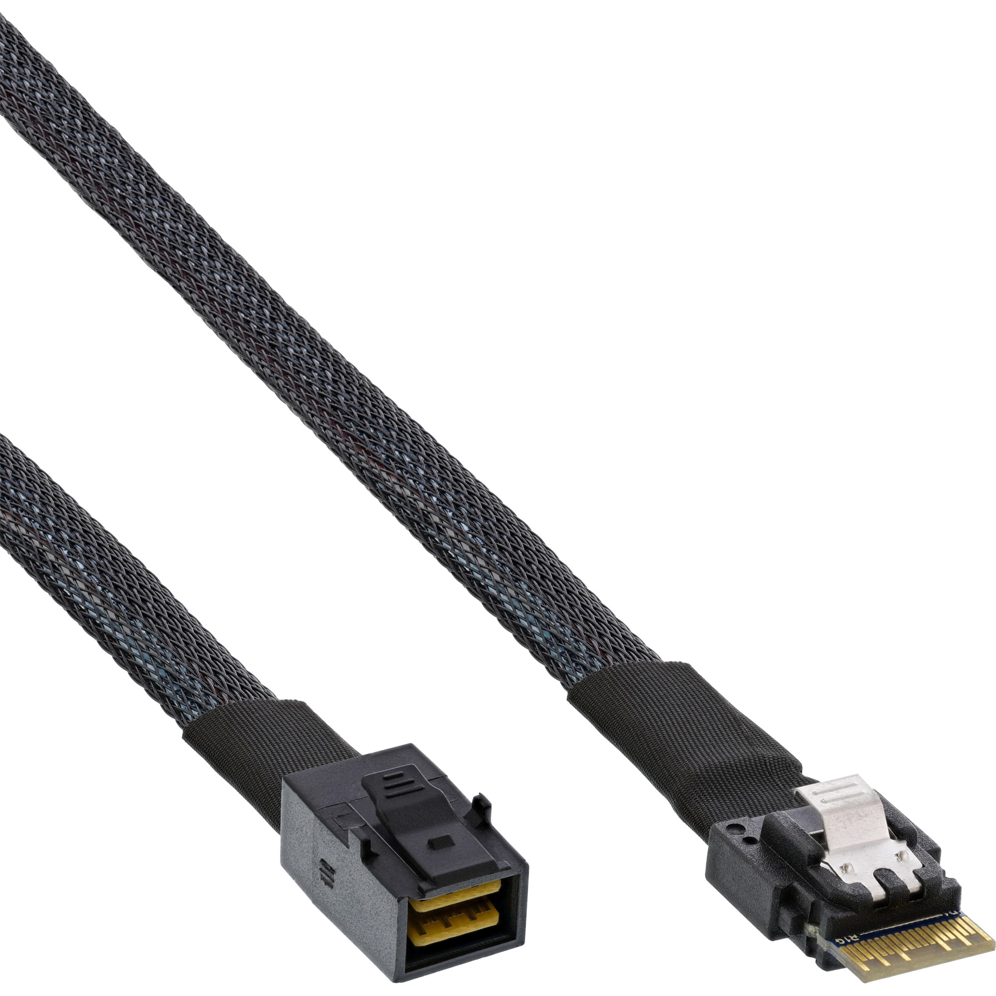 Schwarzes SATA-Kabel mit schwarz-blau geflochtenem Mantel. Weißer Hintergrund.