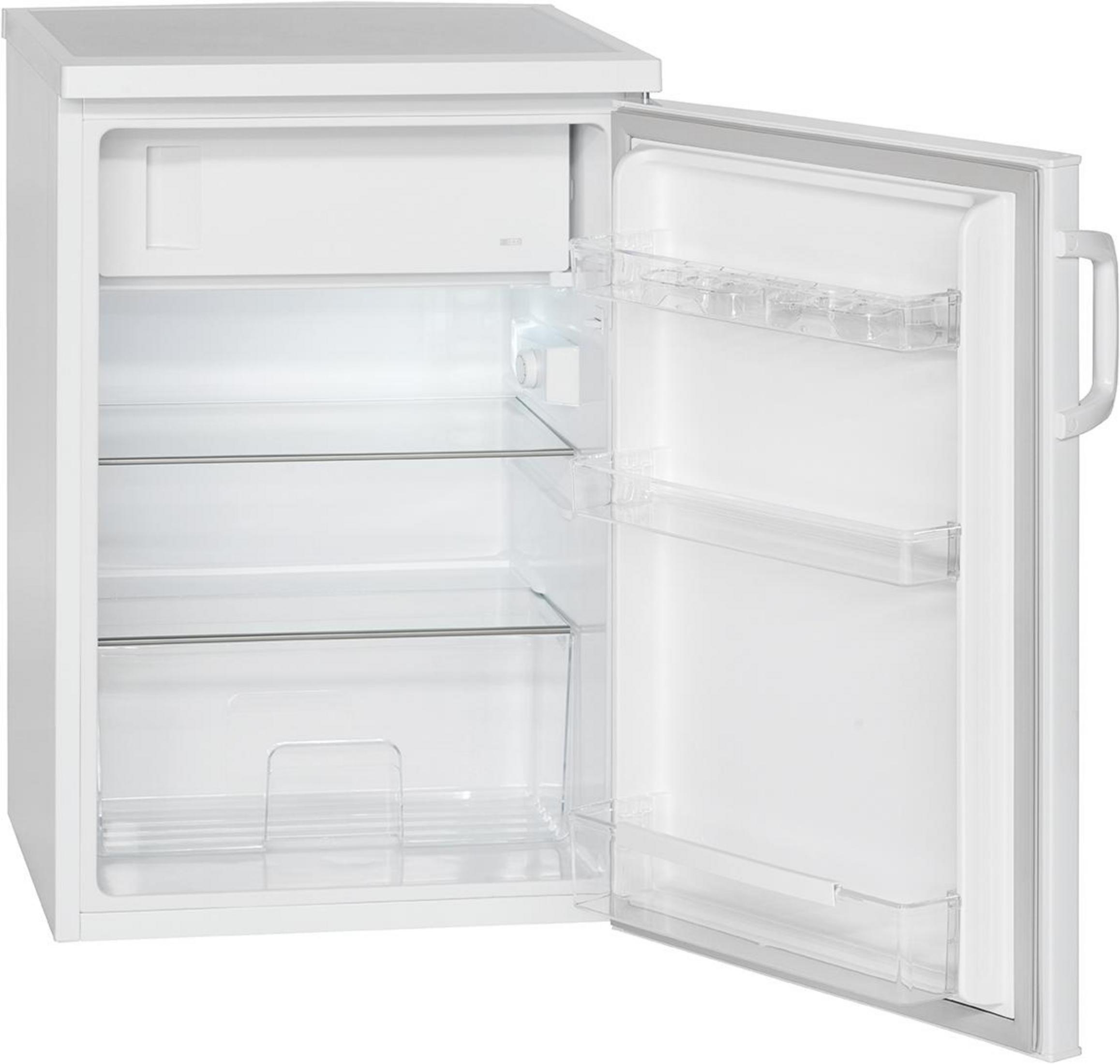 Ein weißer Minikühlschrank mit offener Tür, der Regale zeigt.