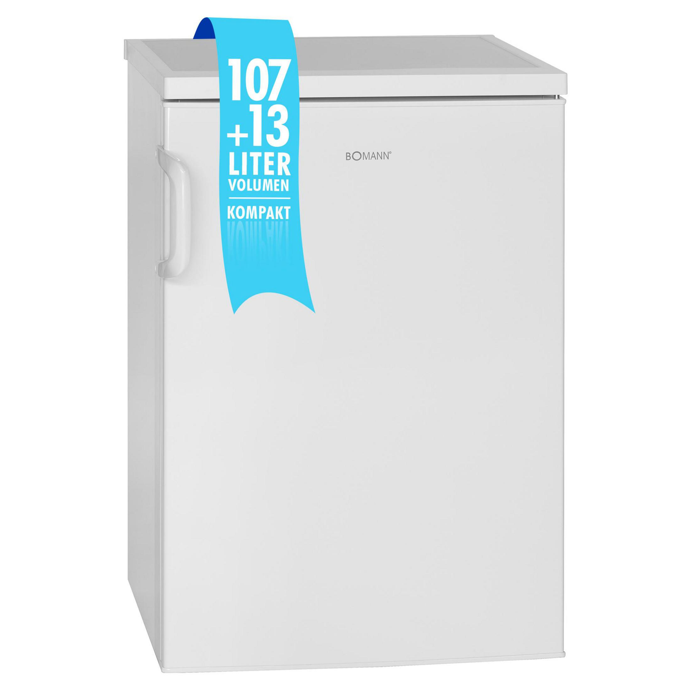 Weißer Kühlschrank mit blauem Aufkleber. Auf dem Aufkleber steht "107+13 Liter Volumen Kompakt".