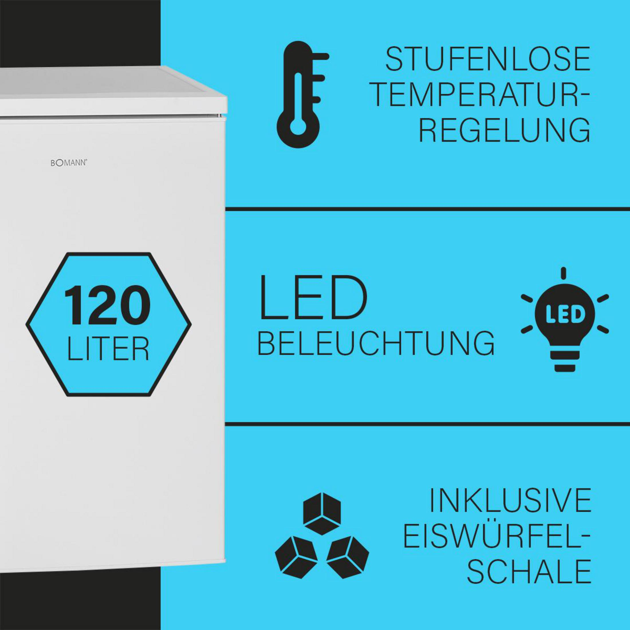 Ein weißer Kühlschrank mit Text und Symbolen auf blauem Hintergrund. Merkmale: 120L, LED-Beleuchtung.