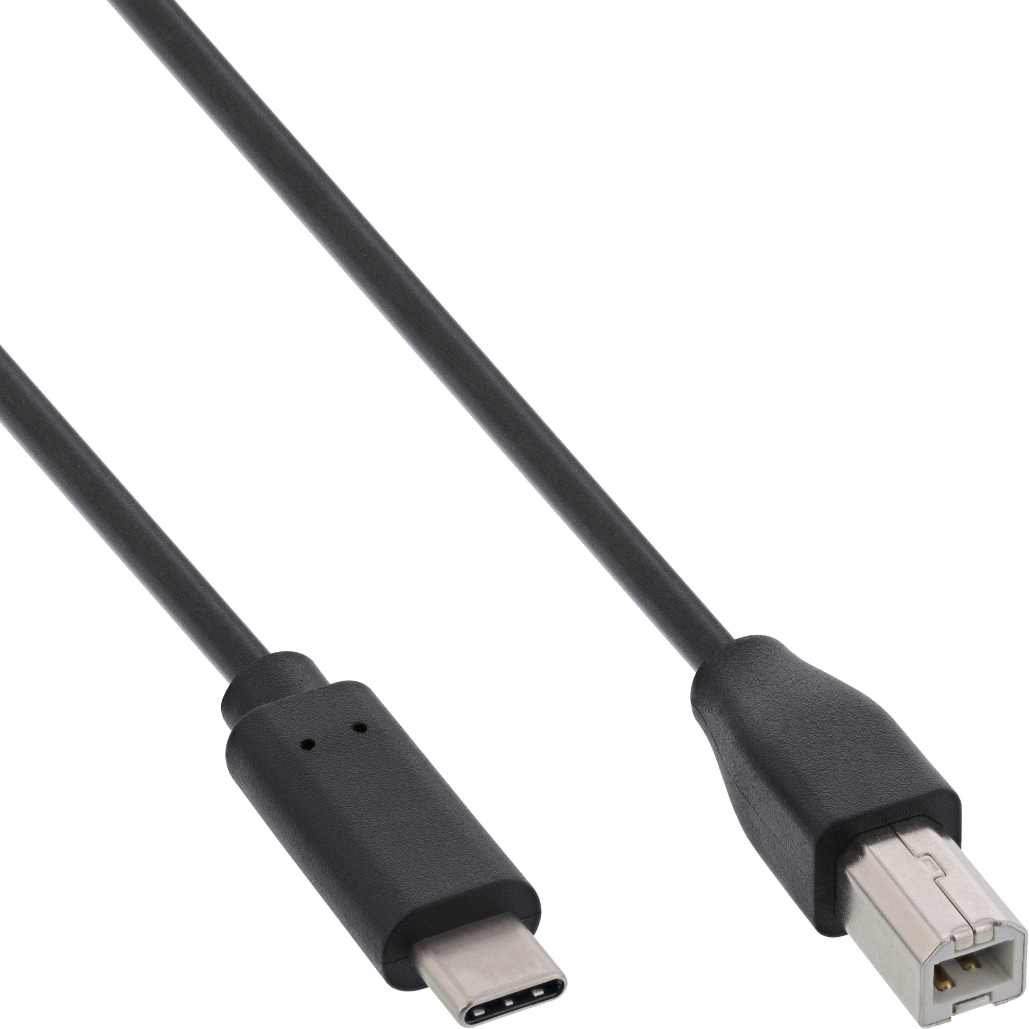 Czarny kabel USB-C do USB-B. Jeden koniec to USB-C, drugi USB-B.