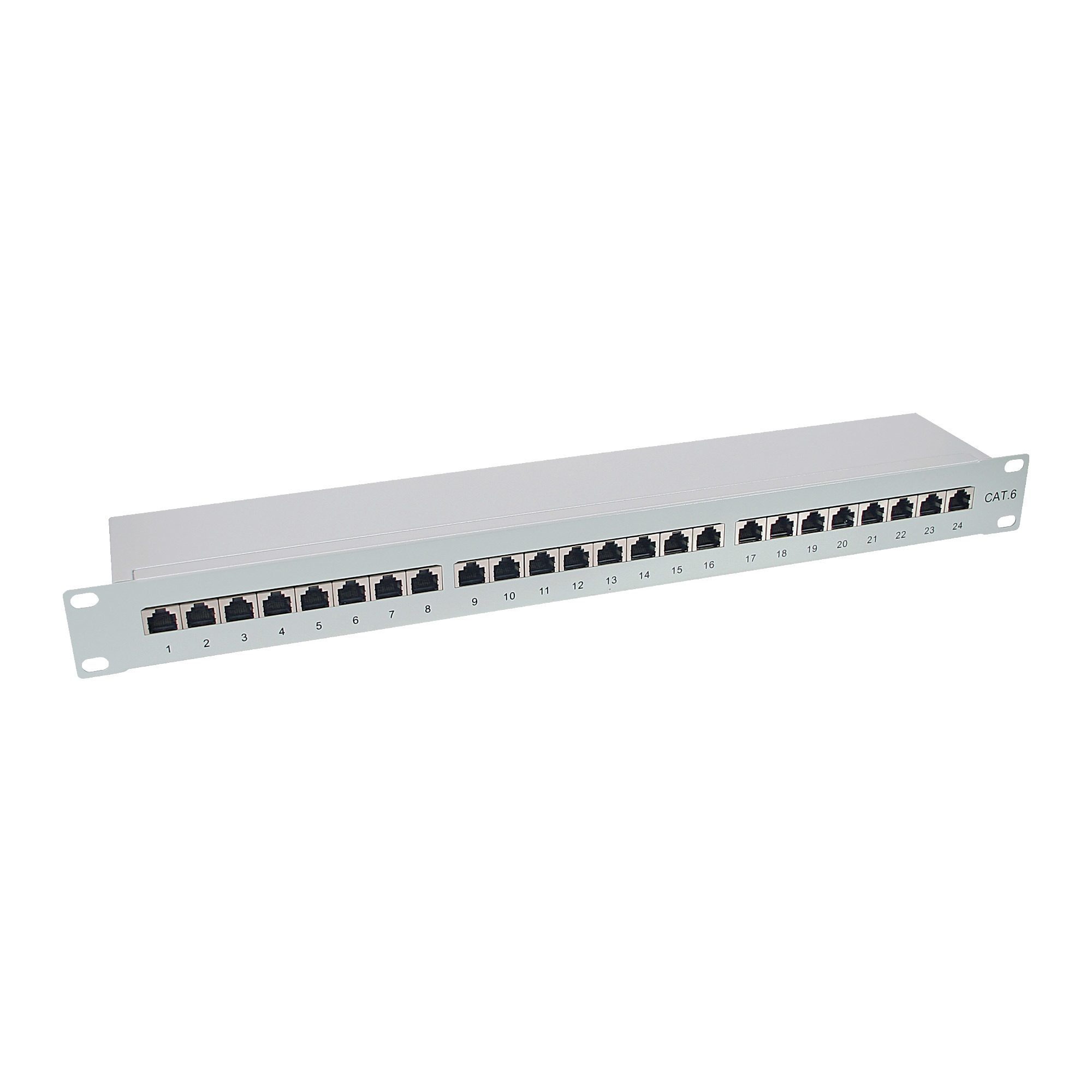 Un pannello di permutazione CAT6 argentato con 24 porte RJ45, numerate da 1 a 24.