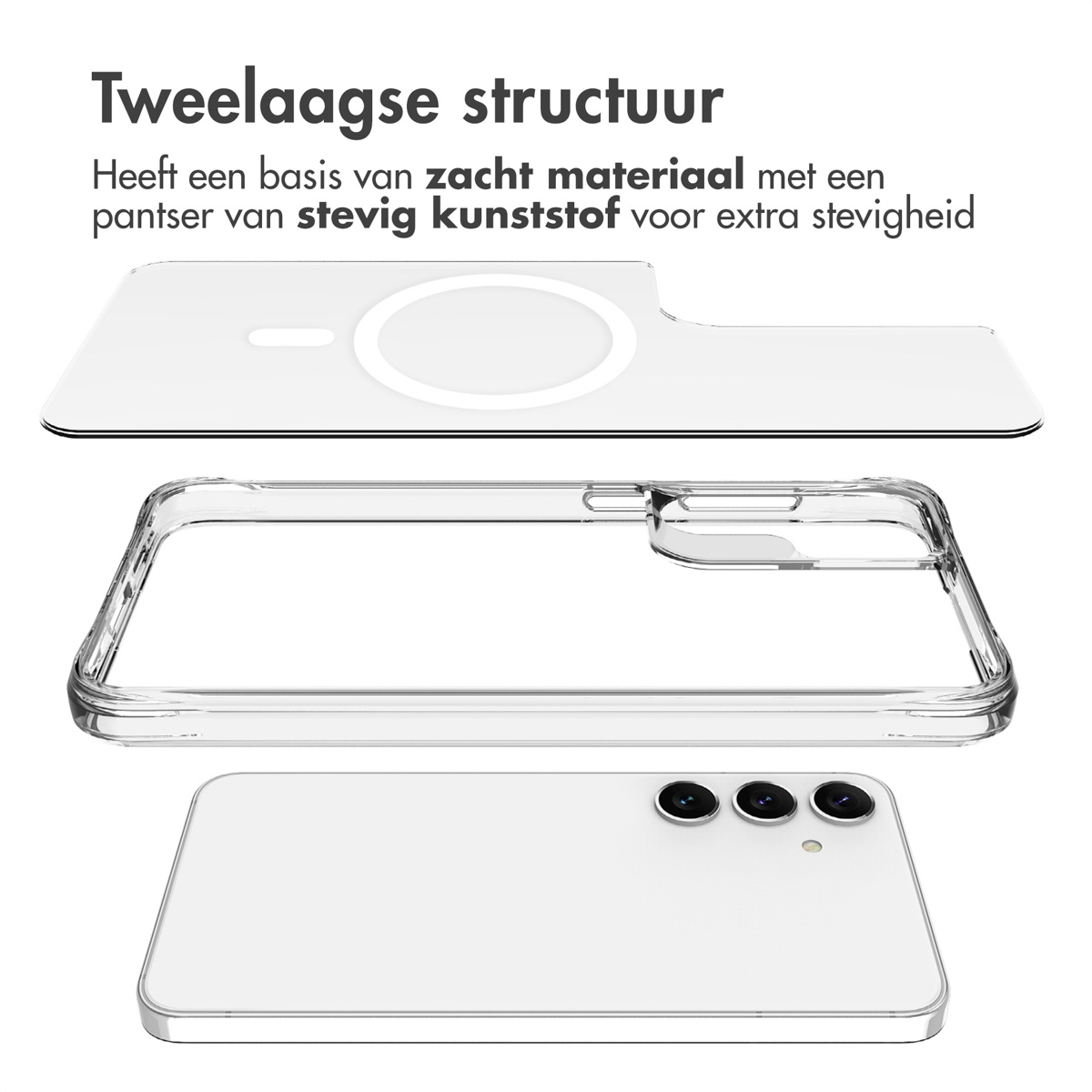 Tre strati di accessori per telefono: custodia, base di ricarica e telefono. Custodia trasparente e telefono bianco.