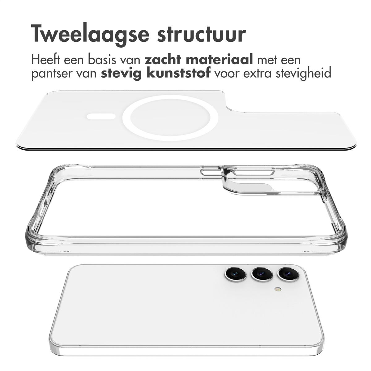 A phone case made of clear plastic, with a white back and a charging pad, disassembled.