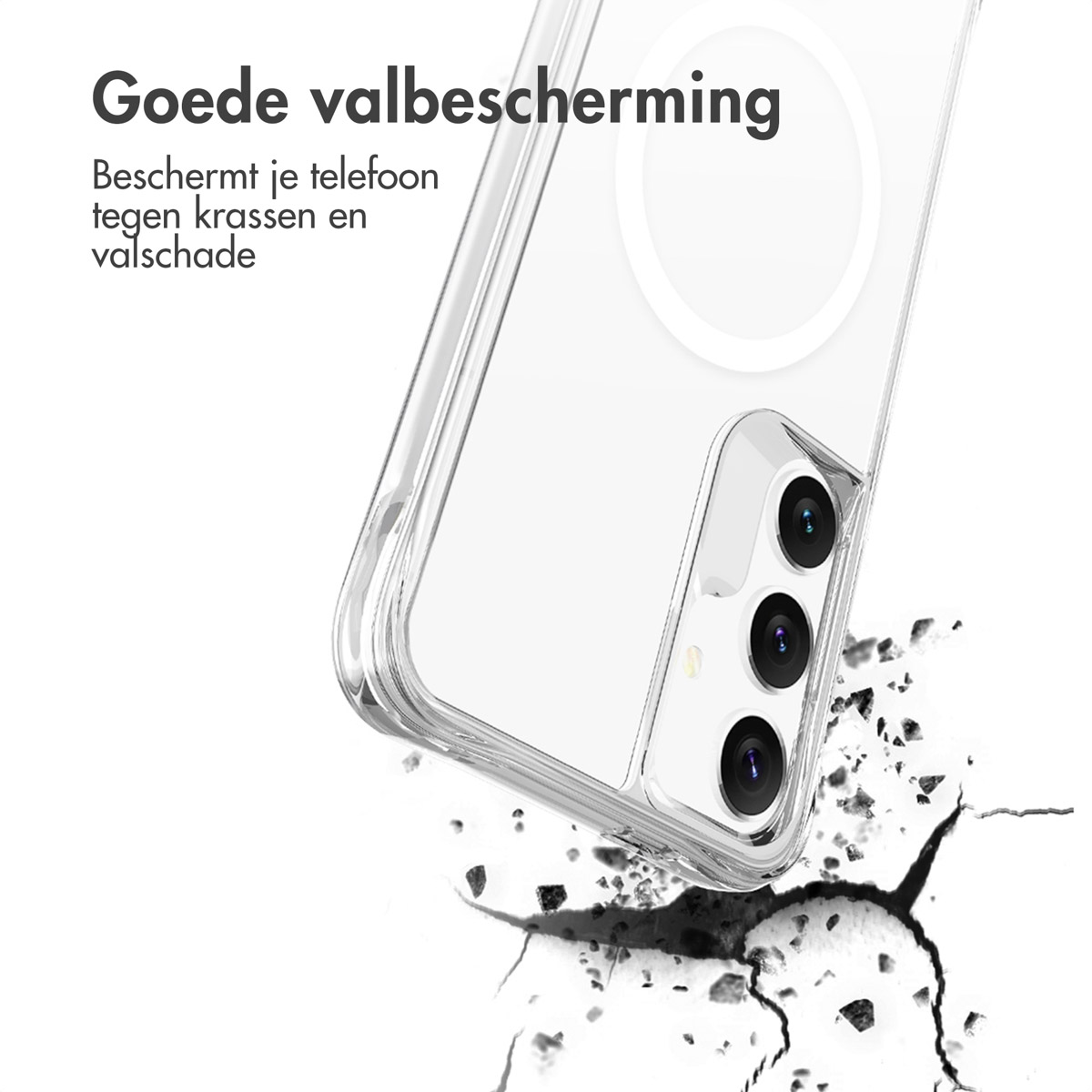 Clear phone case protects a phone from a drop. The phone is on the floor and the screen is cracked.