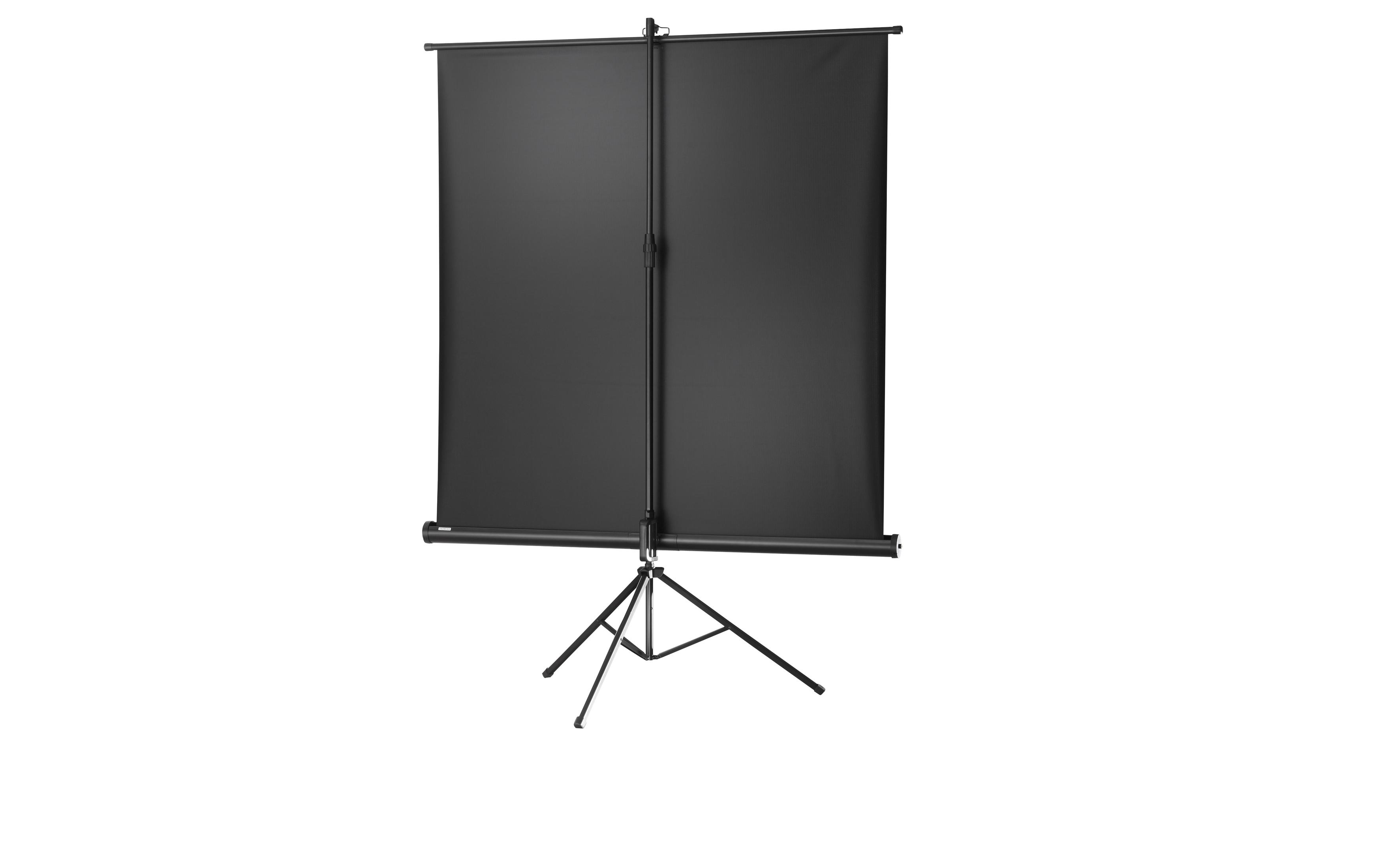 Eine schwarze tragbare Projektorleinwand auf einem Stativ. Die Leinwand ist vollständig ausgezogen.