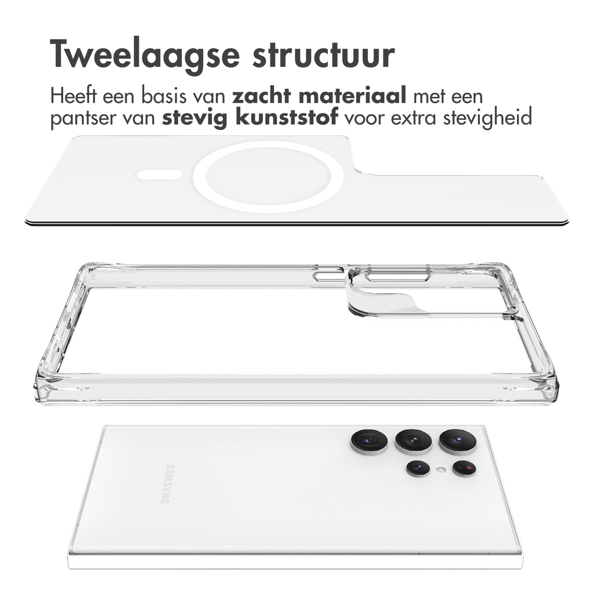 Telefoonhoescomponenten. Een transparante hoes, een witte achterkant en de telefoon. De transparante hoes toont de telefoon.