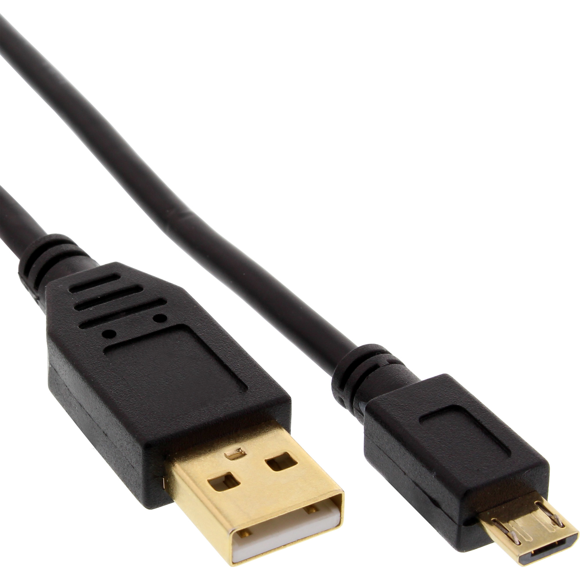 Cavo USB nero. Connettori USB-A e micro-USB. Oro e nero.