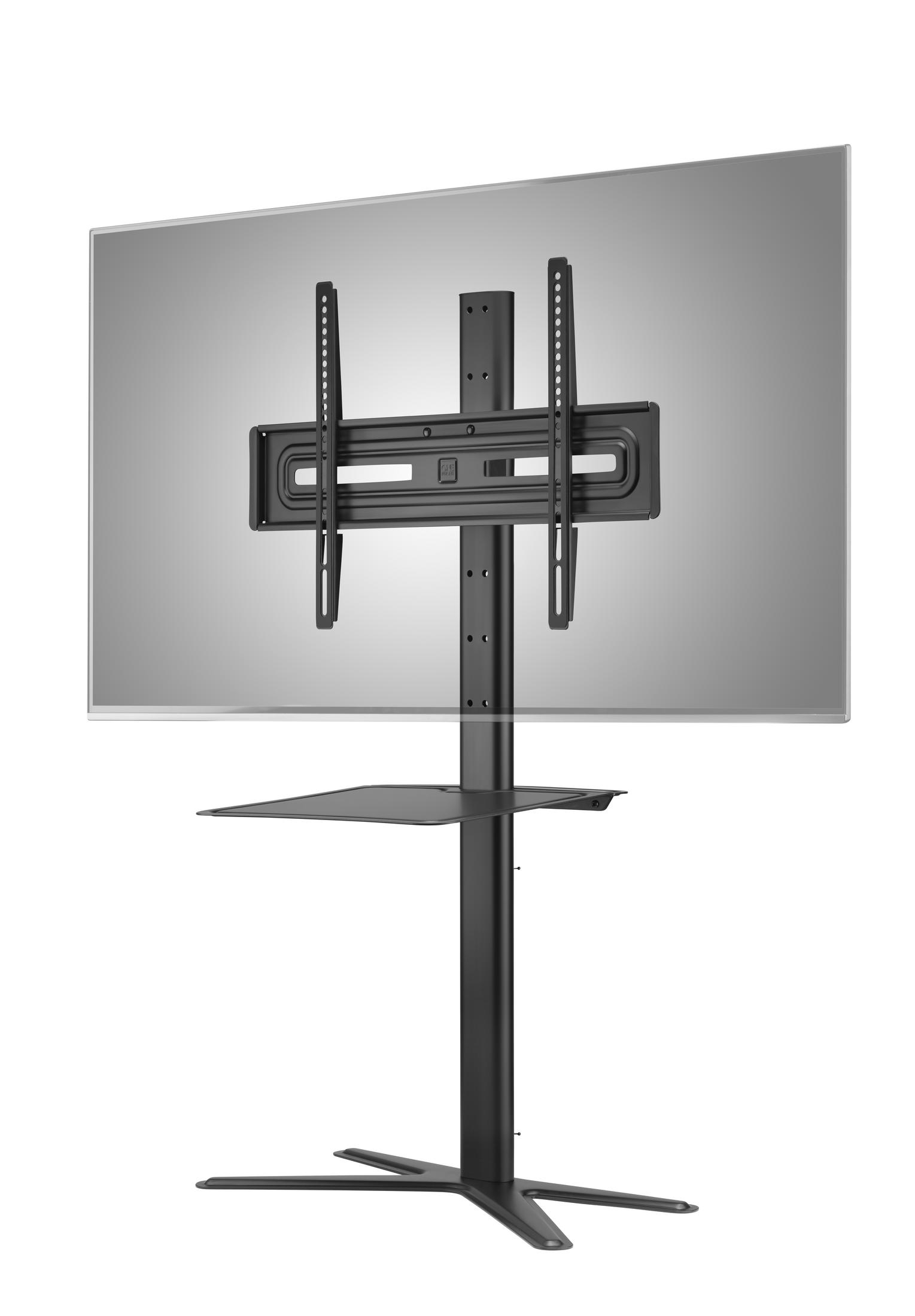 Een zwarte tv-standaard met een groot beeldscherm. Het heeft een plank en een stervormige voet.