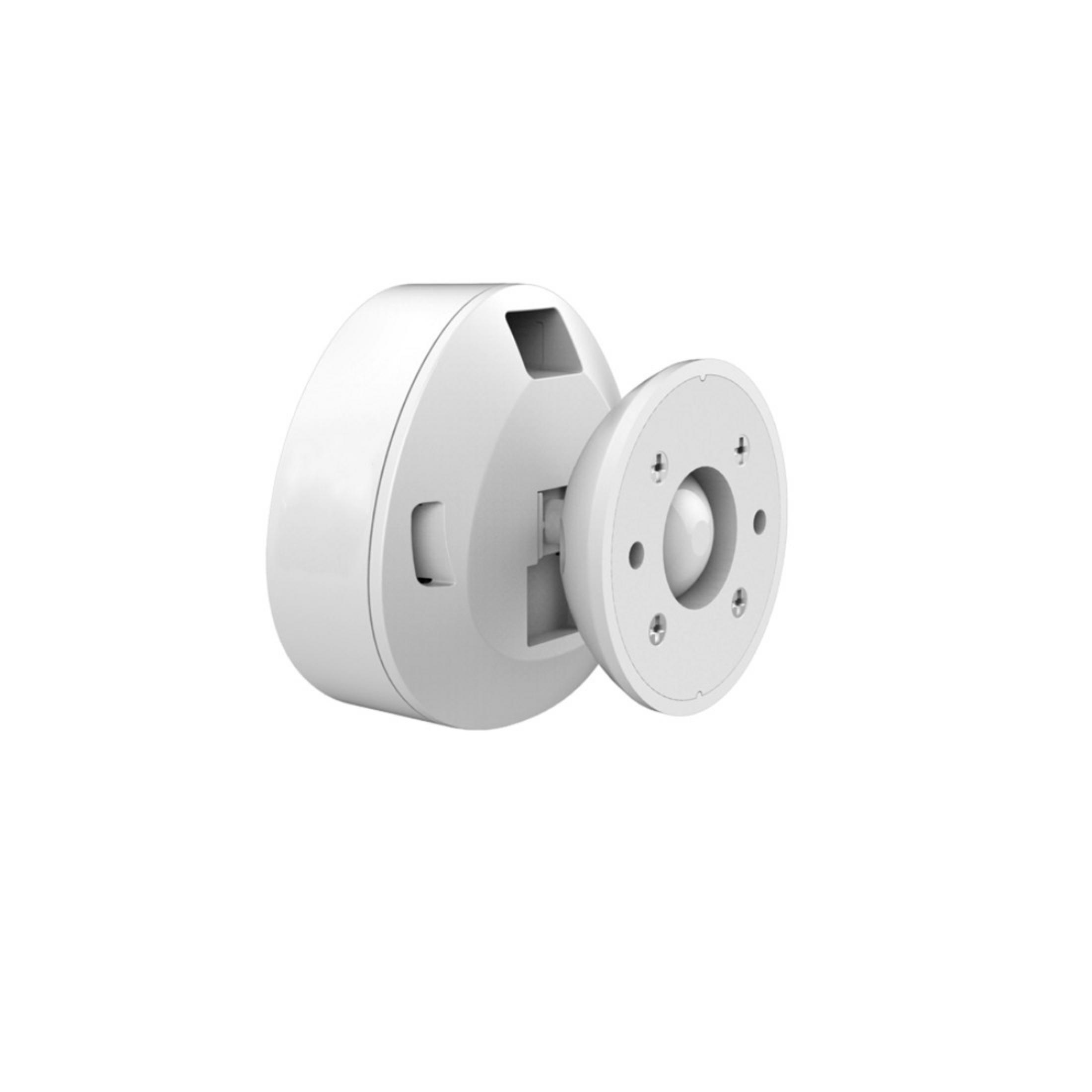 Soporte de pared blanco con accesorio circular. El soporte tiene un orificio cuadrado.