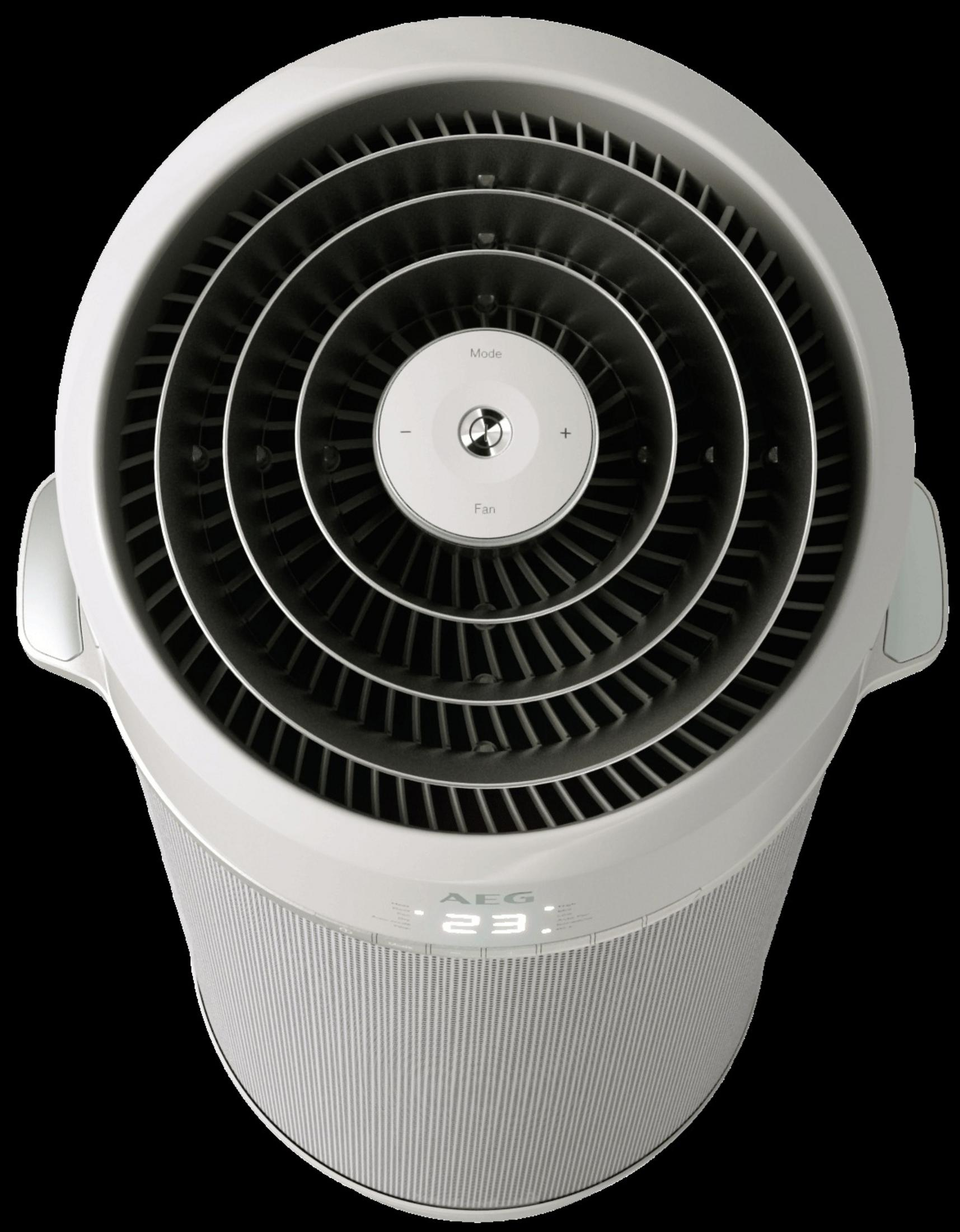 Oczyszczacz powietrza, widok z góry. Biały z czarnym tłem.