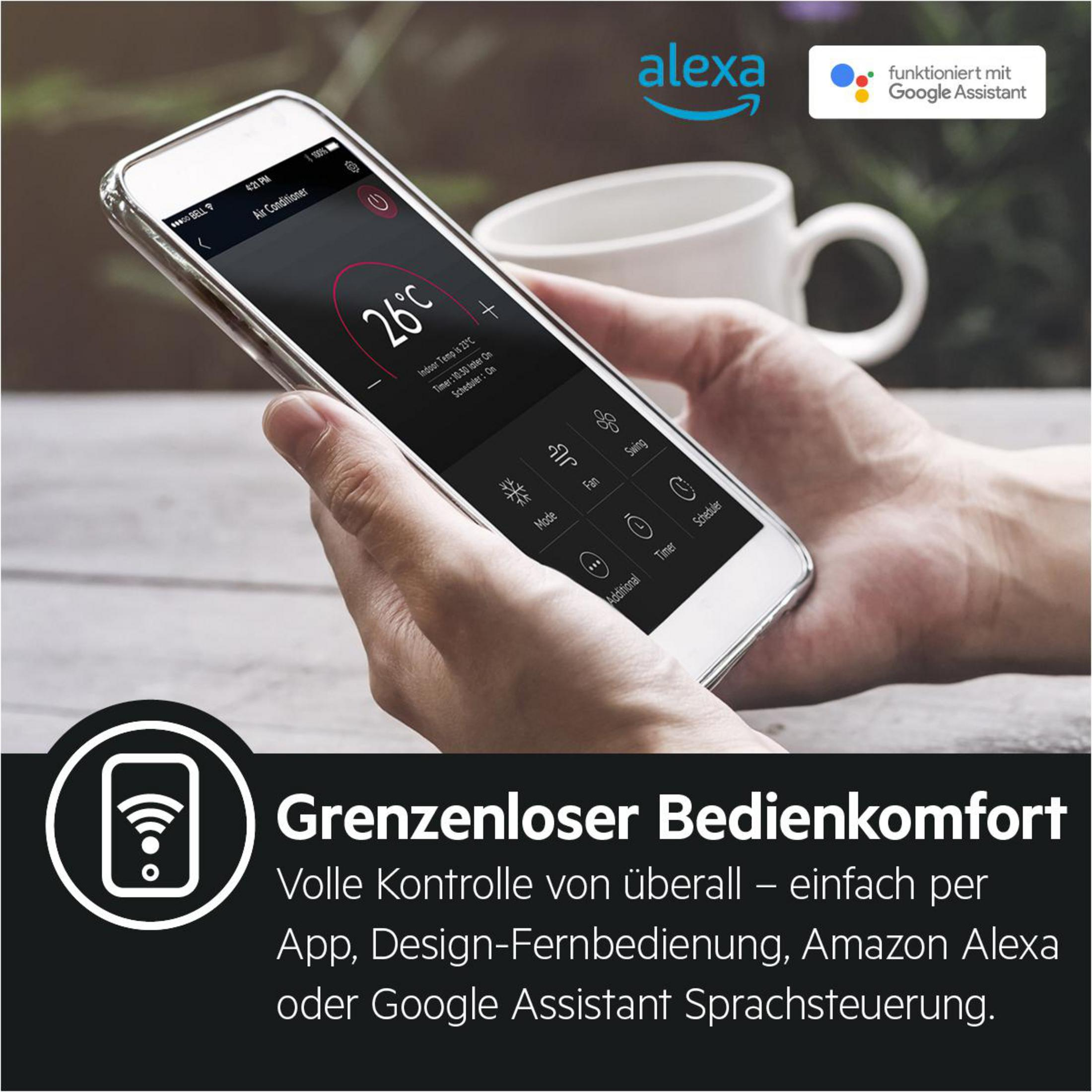 Smartfon wyświetla interfejs aplikacji. Tekst i grafika opisują sterowanie urządzeniem.
