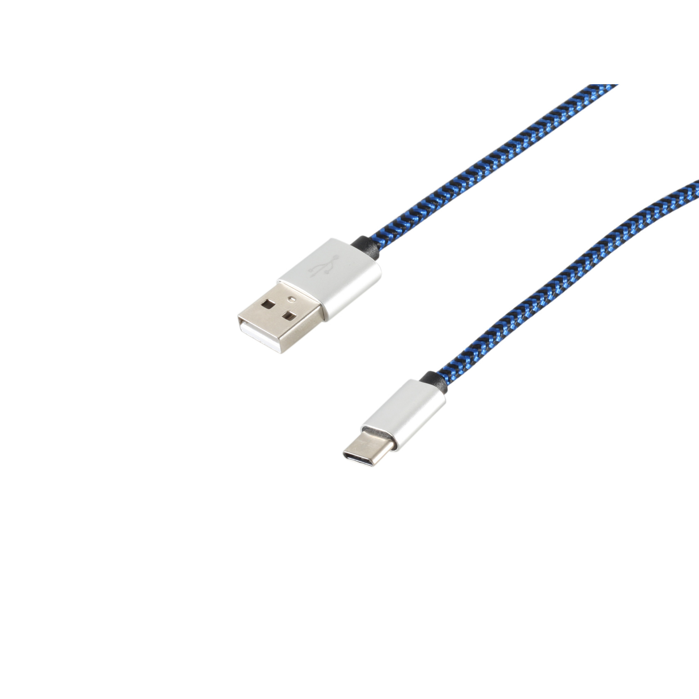 Cavo USB-C intrecciato blu e nero con connettori argentati su sfondo bianco. Un'estremità è USB, l'altra è USB-C.