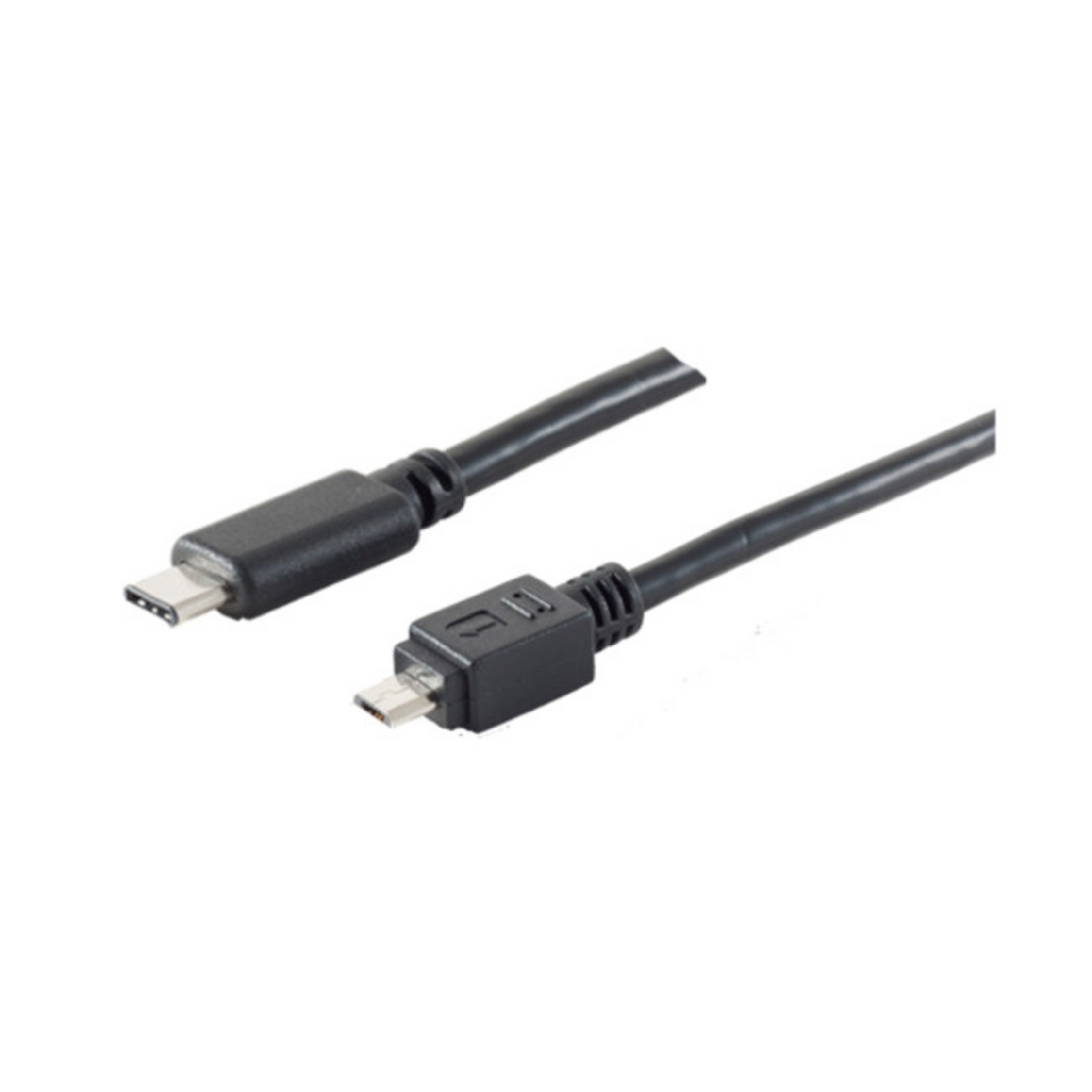 Schwarzes USB-Kabel mit USB-C- und Micro-USB-Anschlüssen. Weißer Hintergrund.