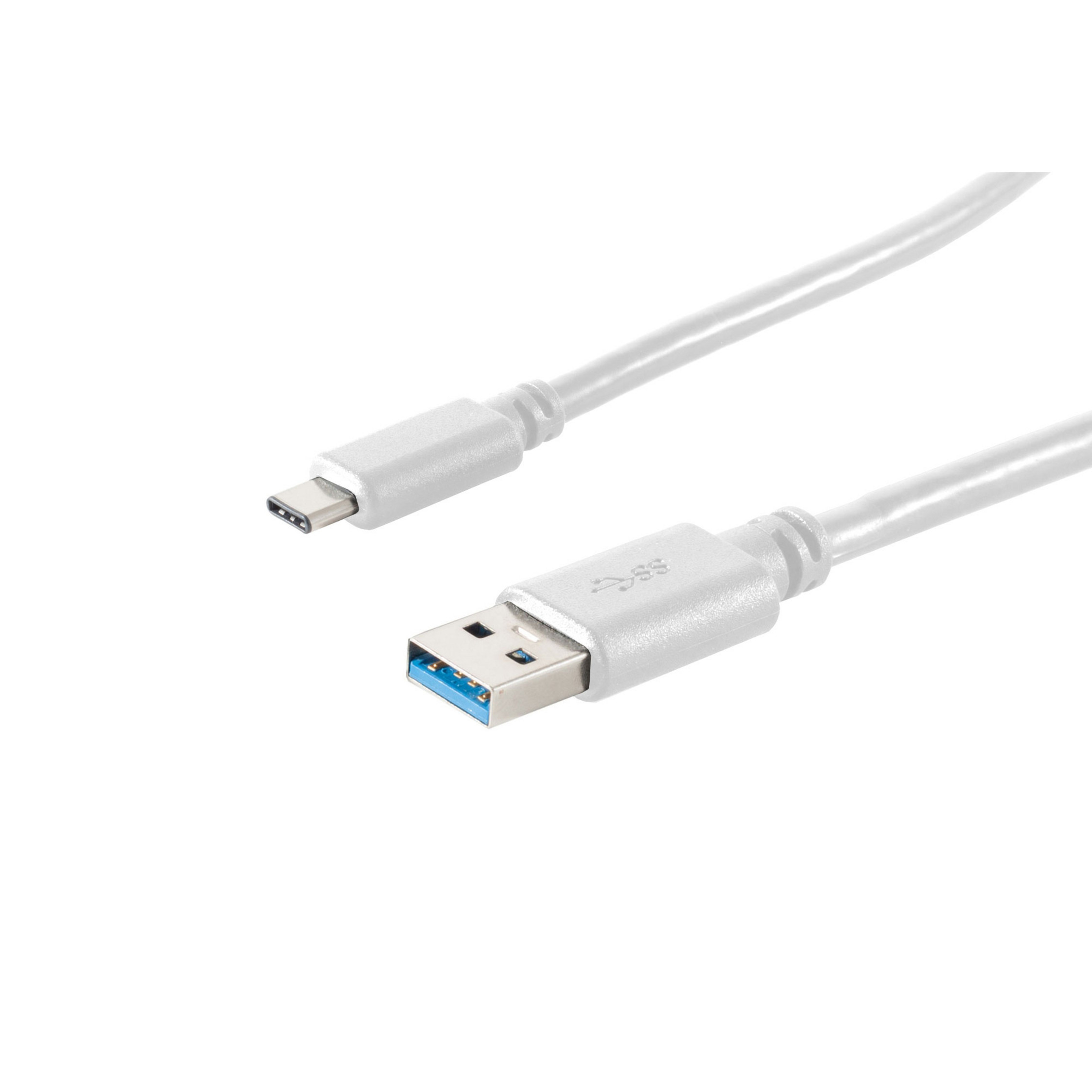 Weißes Kabel mit USB-C- und USB-3.0-Anschluss.