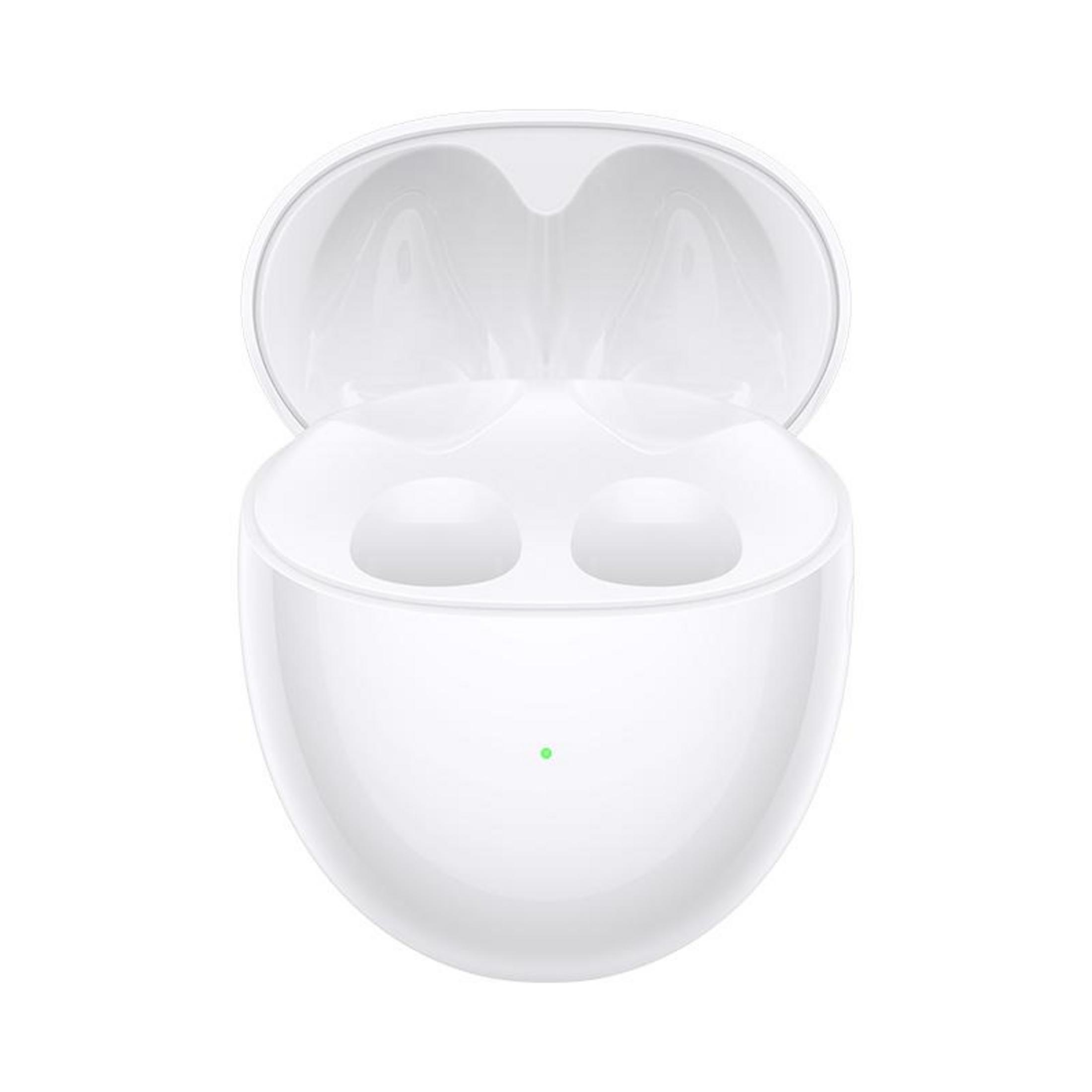 Białe otwarte etui na słuchawki. Dwa słuchawki w środku.