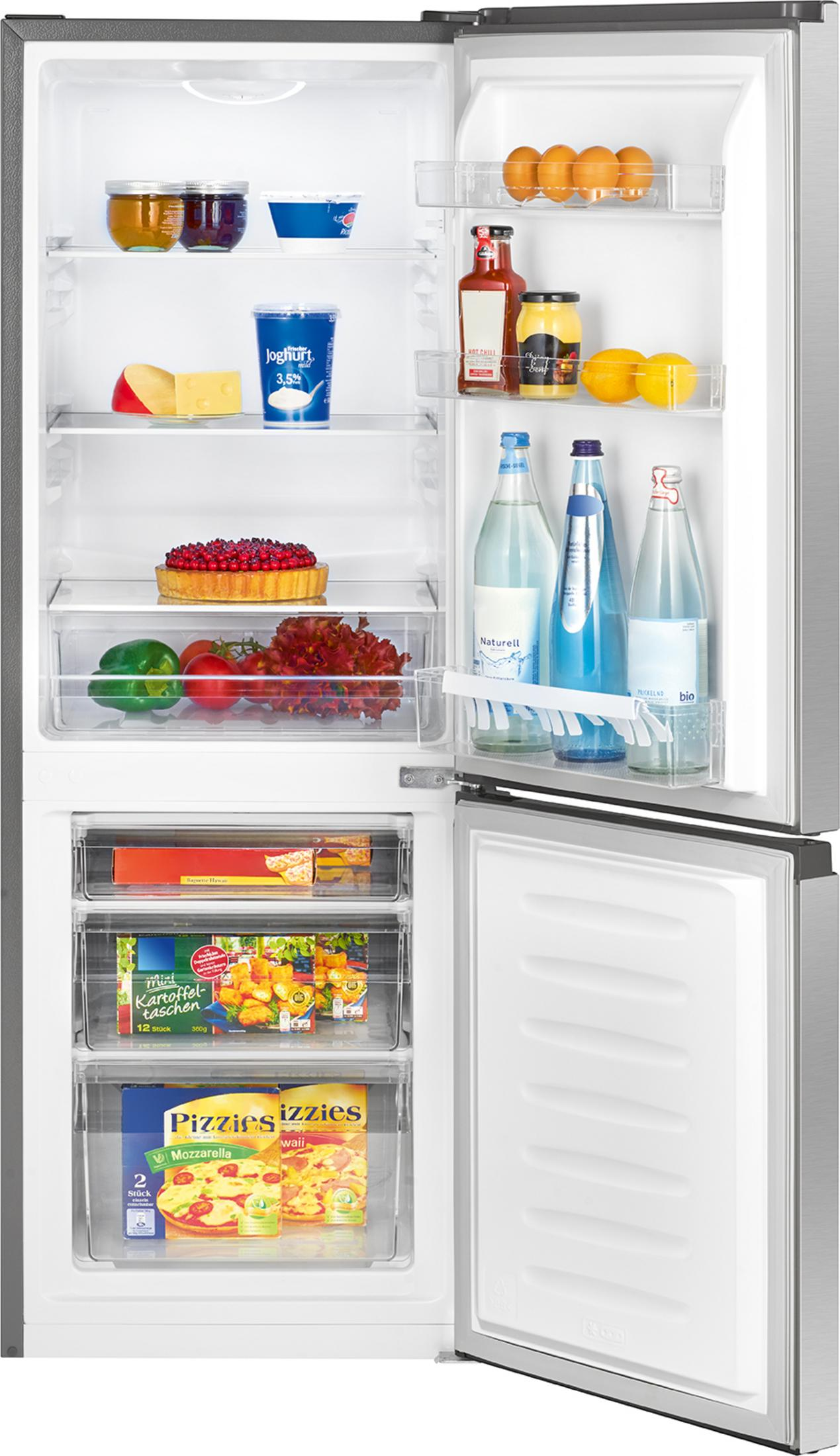 Otwarta lodówka wypełniona produktami spożywczymi. Zamrażarka jest otwarta.