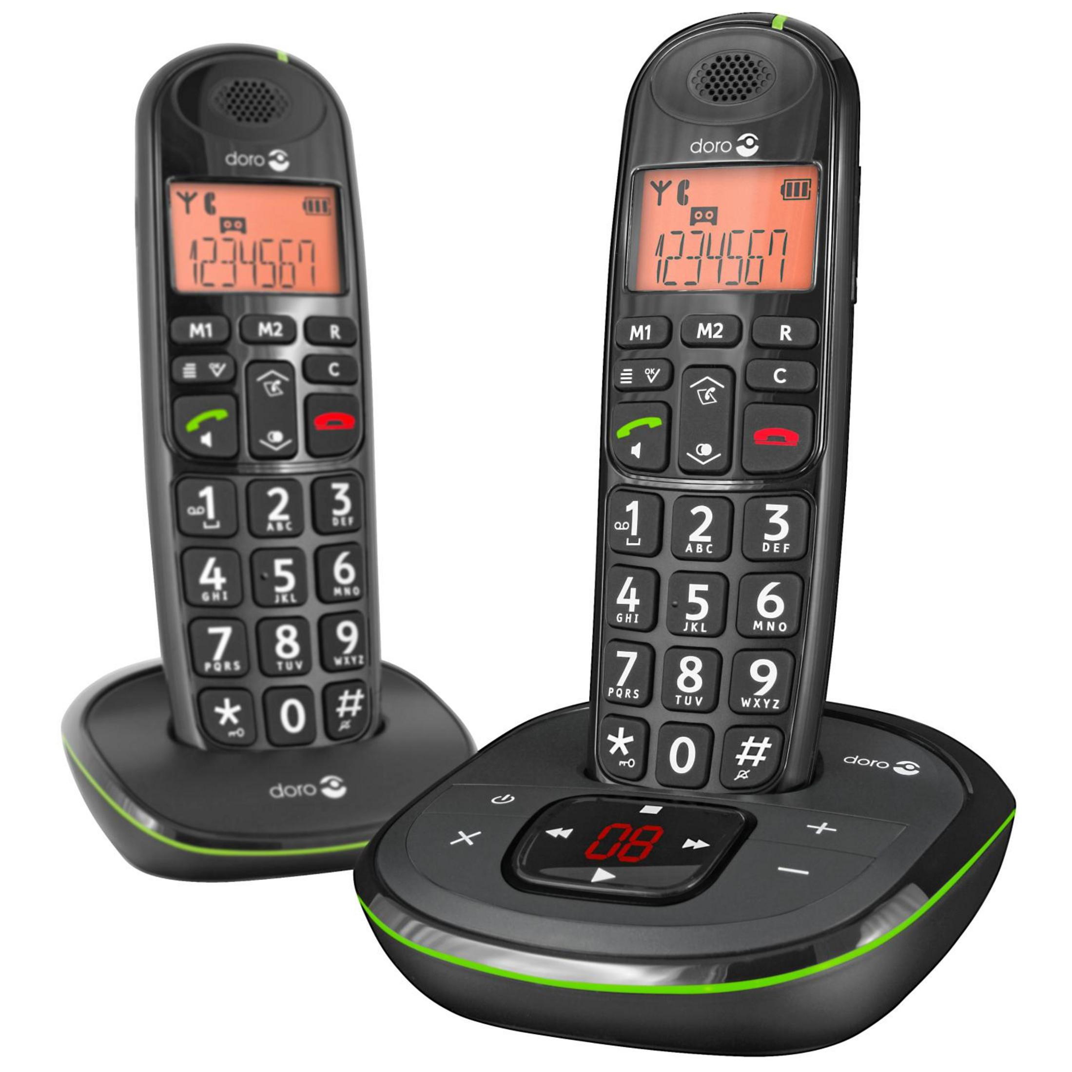 Due telefoni cordless neri sulle loro basi di ricarica, con ampio display.
