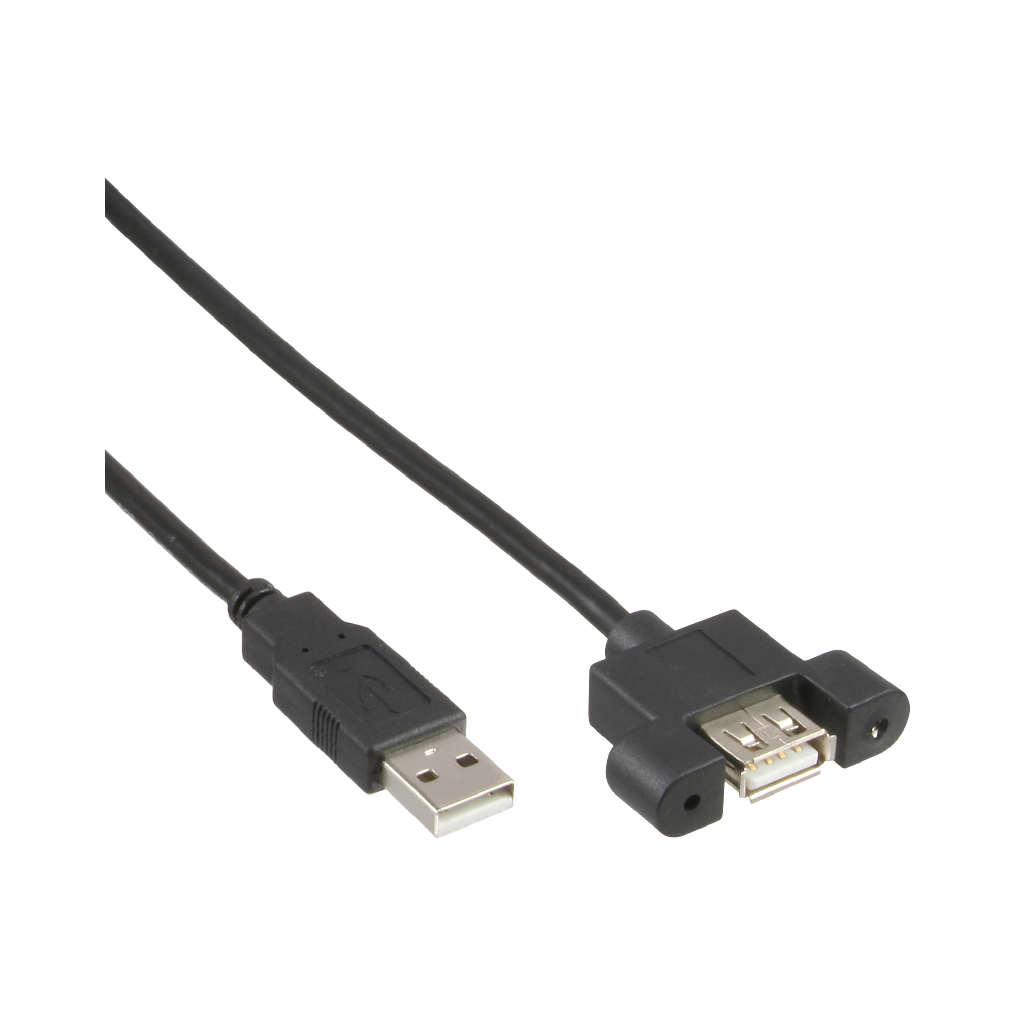 Cavo USB nero con connettori USB e USB-A. Isolato su sfondo bianco.