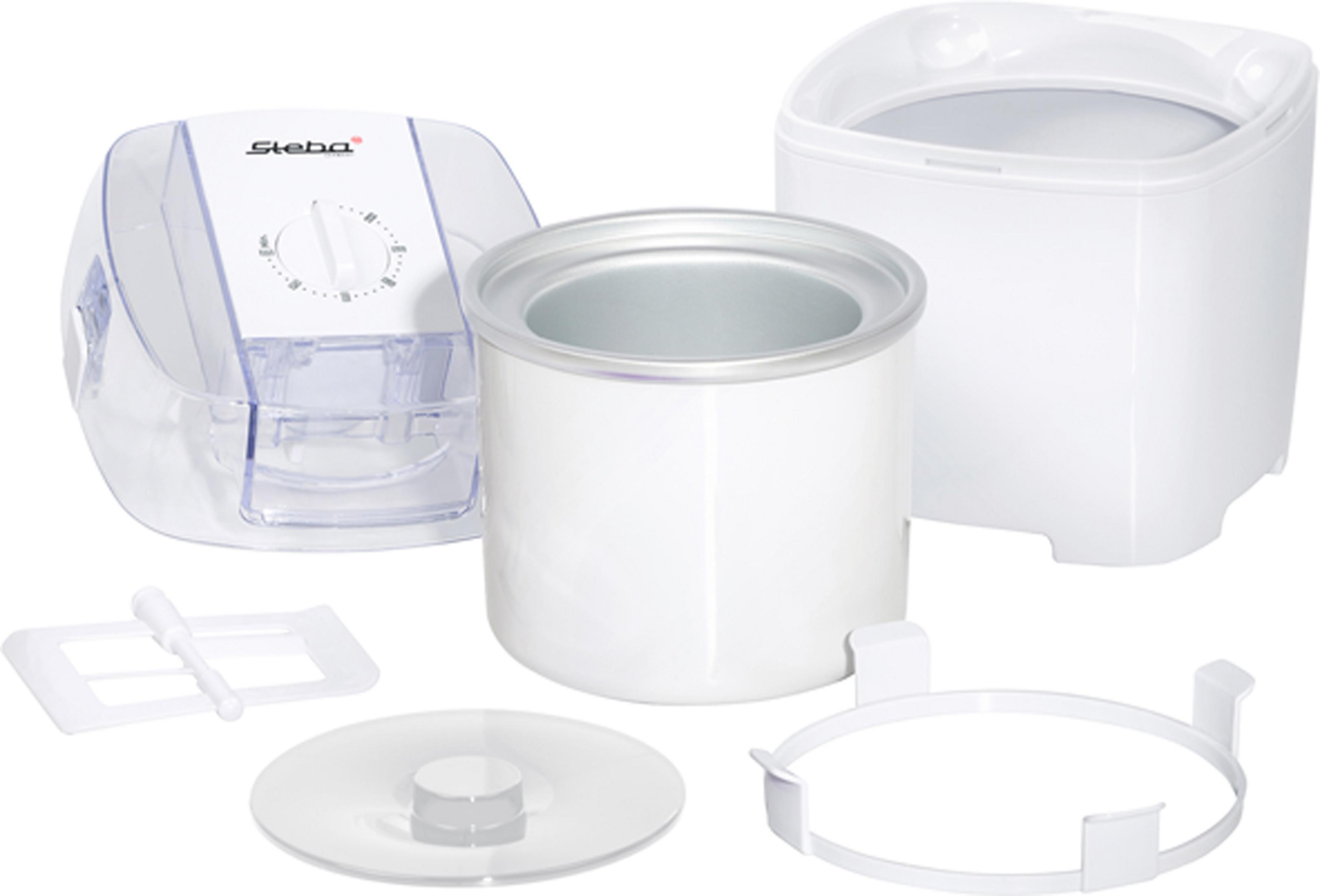 Gelatiera con componenti: una macchina bianca, contenitore, coperchio e altri accessori.