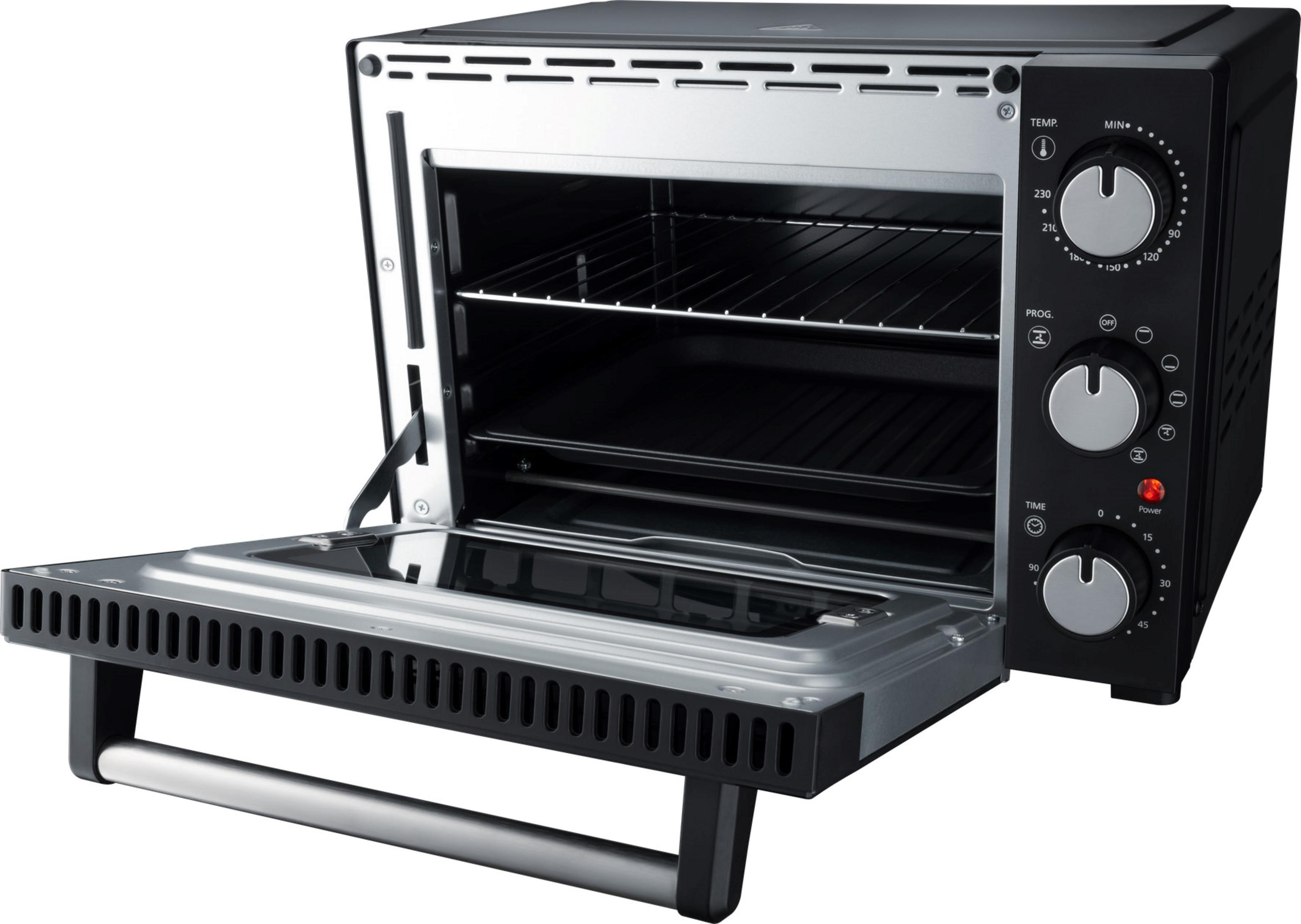 Un forno nero con la porta aperta, che mostra griglie e comandi su sfondo bianco.