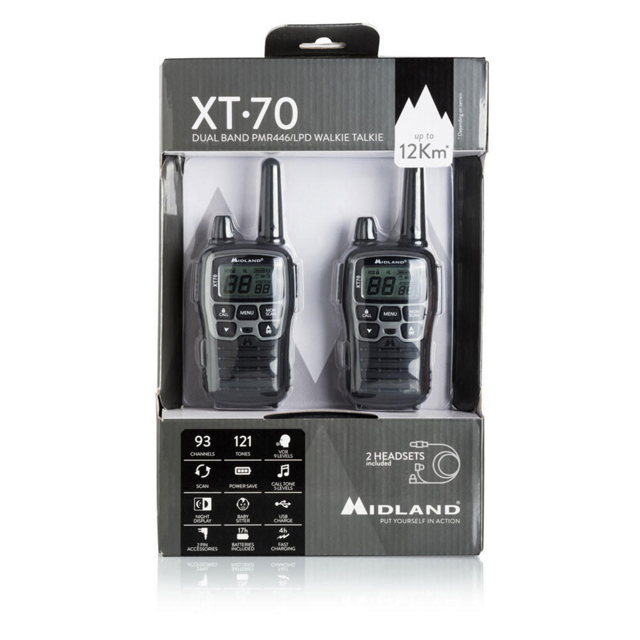 Walkie-Talkies in einer Box, mit Text über Funktionen und Spezifikationen.