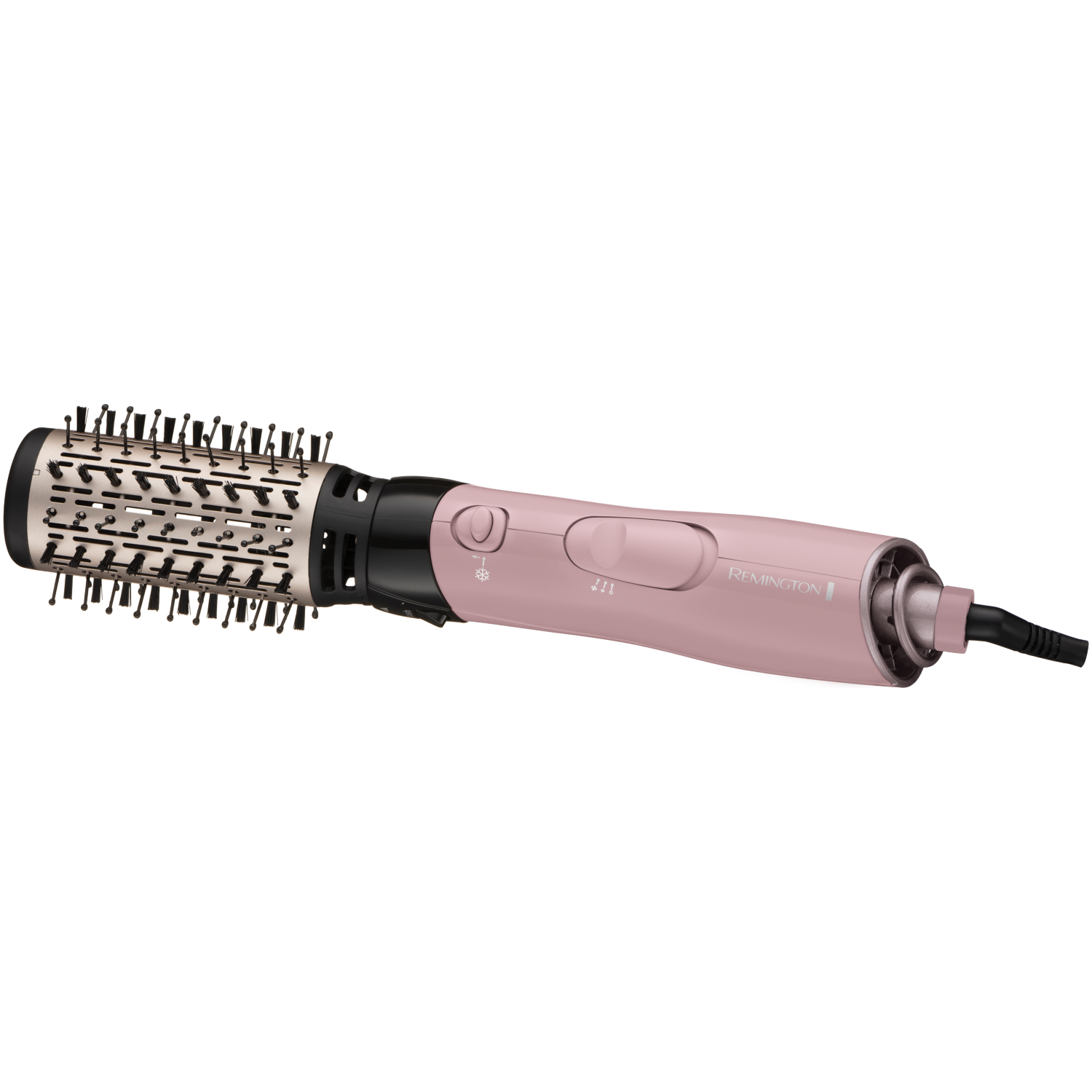 Spazzola per lo styling dei capelli rosa e nera. La spazzola ha una testa rotonda con setole.