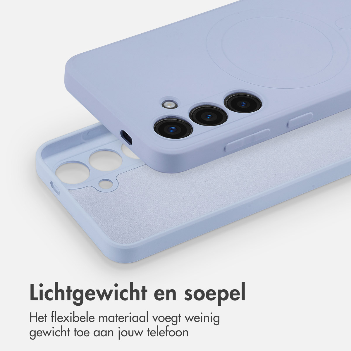 Lichtblauwe telefoonhoes, boven- en onderkant, lichtgrijs binnenin.