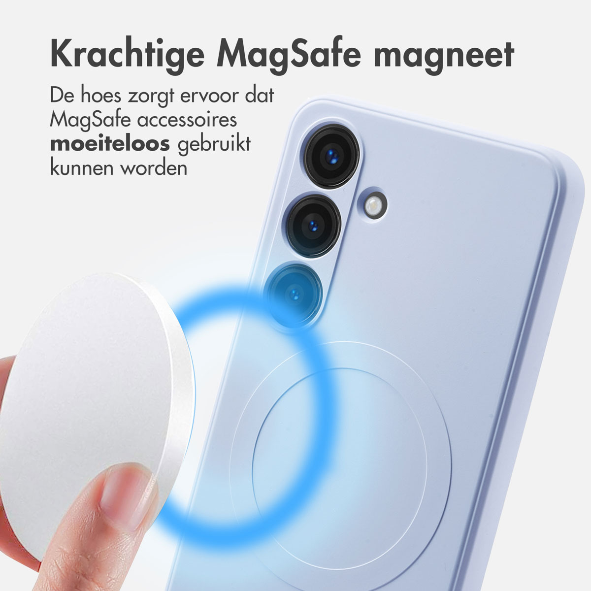 Blauwe telefoonhoes met een wit oplaadpad.